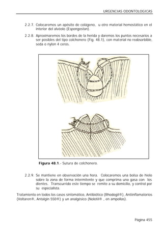 URGENCIAS ODONTOLOGICAS


     2.2.7. Colocaremos un apósito de colágeno, u otro material hemostático en el
            interior del alvéolo (Espongostan).
     2.2.8. Aproximaremos los bordes de la herida y daremos los puntos necesarios a
            ser posibles del tipo colchonero (Fig. 48.1), con material no reabsorbible,
            seda o nylon 4 ceros.




              Figura 48.1.- Sutura de colchonero.


     2.2.9. Se mantiene en observación una hora. Colocaremos una bolsa de hielo
            sobre la zona de forma intermitente y que comprima una gasa con los
            dientes. Transcurrido este tiempo se remite a su domicilio, y control por
            su especialista.
Tratamiento en todos los casos sintomático, Antibiótico (Rhodogil®), Antiinflamatorios
(Voltaren®, Antalgin 550®) y un analgésico (Nolotil® , en ampollas).




                                                                           Página 455
 