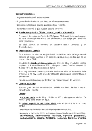 INTOXICACIONES Y SOBREDOSIFICACIONES


Contraindicaciones:
- Ingesta de corrosivos álcalis o ácidos.
- Ingesta de destilados de petróleo, parafinas o queroseno.
- Lesiones esofágicas o cirugía gastrointestinal reciente.
- Pacientes en coma o que puedan estarlo en breve
a) Sonda nasogástrica (SNG), lavado gástrico y aspiración
   En coma o depresión profunda del SNC poner SNG tras intubación traqueal.
   Se hará lavado gástrico hasta que el contenido que salga por SNG sea
   claro y sin restos.
   Se debe colocar al enfermo en decúbito lateral izquierdo y en
   Trendelenburg.
b) Inducción del vómito
   Es el método de elección en pacientes pediátricos, ante la negación del
   paciente al lavado gástrico y en pacientes psiquiátricos en los que no se
   puede colocar SNG.
   Se administra jarabe de ipecacuana una dosis de 30 cc en adultos y niños
   mayores de 4 años diluido en 200 cc de agua o zumo. En niños menores de
   4 años 10-15 cc diluido en agua o zumo.
   Si no hay vómito se puede repetir una dosis mas a los 20-30 minutos de la
   primera y si no hay efecto proceder al lavado gástrico para eliminar tóxico e
   ipecacuana.
   Estaría contraindicado en gestantes y en niños menores de 6 meses.
c) Carbón activado:
   Absorbe gran cantidad de sustancias, siendo más eficaz en las primeras
   horas tras la ingesta .
   DOSIS:
   La primera dosis es de 50 gr. diluido en 300 cc de agua en adultos. En
   niños 1 g/Kg peso diluido en agua.
   Se deben repetir de dos a diez dosis más a intervalos de 2 - 4 horas
   porque :
   - Disminuye la absorción de tóxico que queda en intestino.
   - Aumenta la excreción de los tóxicos que tienen circulación enterohepática:
     (barbitúricos, antidepresivos tricíclicos, digoxina, glutetimida,
     carbamacepina, cocaína, fenitoína, isoniazida, teofilina, amanita

                                                                    Página 485
 
