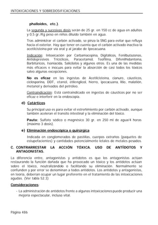 INTOXICACIONES Y SOBREDOSIFICACIONES


             phalloides, etc.).
          La segunda y sucesivas dosis serán de 25 gr. en 150 cc de agua en adultos
          y 0,5 gr./Kg peso en niños diluido también en agua.
          Tras administrar el carbón activado, se pinza la SNG para evitar que refluya
          hacia el exterior. Hay que tener en cuenta que el carbón activado inactiva la
          acetilcisteína por vía oral y al jarabe de Ipecacuana.
          Indicación: Intoxicación por Carbamacepina, Digitálicos, Fenilbutazonas,
          Antidepresivos Tricíclicos, Paracetamol, Teofilina, Difenilhidantoína,
          Barbitúricos, Isoniacida, Salicilatos y algunos otros. Es una de las medidas
          más eficaces e inocuas para evitar la absorción de casi todos los tóxicos
          salvo algunas excepciones.
          No es eficaz en las ingestas de Acetilcisteína, cianuro, cáusticos,
          ciclosporina, DDT, etanol, etilenglicol, hierro, ipecacuana, litio, malatión,
          metanol y derivados del petróleo.
          Contraindicación: Está contraindicado en ingestas de cáusticos por no ser
          eficaz e interferir en la endoscopia.
       d) Catárticos
          Su principal uso es para evitar el estreñimiento por carbón activado, aunque
          también aceleran el transito intestinal y la eliminación del tóxico.
          Pauta: Sulfato sódico o magnésico 30 gr. en 250 ml de agua/4 horas
          (máximo 3 dosis).
       e) Eliminación endoscópica o quirúrgica
          Indicada en conglomerados de pastillas, cuerpos extraños (paquetes de
          estupefacientes) y cantidades potencialmente letales de metales pesados.
C. CONTRARRESTAR         LA    ACCIÓN      TÓXICA.     USO     DE    ANTÍDOTOS       Y
   ANTAGONISTAS.
La diferencia entre, antagonistas y antídotos es que los antagonistas actúan
restaurando la función dañada que ha provocado un tóxico y los antídotos actúan
sobre el tóxico, neutralizándolo o facilitando su eliminación. Normalmente se
confunden y por error se denominan a todos antídotos. Los antídotos y antagonistas,
en teoría, deberían ocupar un lugar preferente en el tratamiento de las intoxicaciones
agudas. (Ver tabla 52.3)
Consideraciones:
   - La administración de antídotos frente a algunas intoxicaciones puede producir una
     mejoría espectacular, incluso vital.




Página 486
 