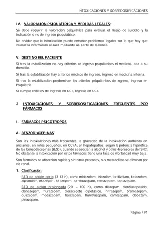 INTOXICACIONES Y SOBREDOSIFICACIONES


IV. VALORACIÓN PSIQUIÁTRICA Y MEDIDAS LEGALES:
Se debe requerir la valoración psiquiátrica para evaluar el riesgo de suicidio y la
indicación o no de ingreso psiquiátrico.
No olvidar que la intoxicación puede entrañar problemas legales por lo que hay que
valorar la información al Juez mediante un parte de lesiones.


V. DESTINO DEL PACIENTE
Si tras la estabilización no hay criterios de ingreso psiquiátricos ni médicos, alta a su
domicilio.
Si tras la estabilización hay criterios médicos de ingreso, ingreso en medicina interna.
Si tras la estabilización predominan los criterios psiquiátricos de ingreso, ingreso en
Psiquiatría.
Si cumple criterios de ingreso en UCI, Ingreso en UCI.


2. INTOXICACIONES           Y     SOBREDOSIFICACIONES             FRECUENTES        POR
   FÁRMACOS


I. FÁRMACOS PSICOTROPOS


A. BENZODIACEPINAS

Son las intoxicaciones más frecuentes, la gravedad de la intoxicación aumenta en
ancianos, en niños pequeños, en OCFA, en hepatopatías, según la potencia hipnótica
de las benzodiacepinas (BZD), cuando se asocian a alcohol y otros depresores del SNC.
No obstante la intoxicación por estos fármacos tiene una tasa de mortalidad muy baja.
Son fármacos de absorción rápida y síntomas precoces, sus metabolitos se eliminan por
vía renal.
1. Clasificación
   BZD de acción corta (3-13 h), como midazolam, triazolam, brotizolam, ketazolam,
   alprazolam, oxazepan, lorazepam, lormetazepam, temazepam, clotiazepam.
   BZD de acción prolongada (20 – 100 h), como diazepam, clordiacepóxido,
   clonazepam, flurazepam, cloracepato dipotásico, nitrazepam, bromazepam,
   quazepam, medazepam, halazepam, flunitrazepam, camazepam, clobazam,
   pinazepam.


                                                                              Página 491
 