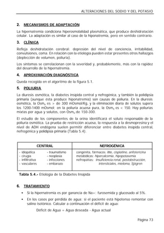 ALTERACIONES DEL SODIO Y DEL POTASIO


2.       MECANISMOS DE ADAPTACIÓN
La hipernatremia condiciona hiperosmolalidad plasmática, que produce deshidratación
celular. La adaptación es similar al caso de la hiponatremia, pero en sentido contrario.
3.       CLÍNICA
Refleja deshidratación cerebral: depresión del nivel de conciencia, irritabilidad,
convulsiones, coma. En relación con la etiología pueden estar presentes otros hallazgos
(deplección de volumen, poliuria).
Los síntomas se correlacionan con la severidad y, probablemente, más con la rapidez
del desarrollo de la hipernatremia.
4.       APROXIMACIÓN DIAGNÓSTICA
Queda recogida en el algoritmo de la figura 5.1.
5.       POLIURIA
La diuresis osmótica, la diabetes insípida central y nefrogénica, y también la polidipsia
primaria (aunque ésta produce hiponatremia) son causas de poliuria. En la diuresis
osmótica, la Osmo es > de 300 mOsmol/Kg, y la eliminación diaria de solutos supera
los 1200-1400 mOsmol; en la poliuria acuosa pura, la Osmo es < 150. Hay poliurias
mixtas por agua y solutos, con Osmo de 150-300.
El estudio de los componentes de la orina identificará el soluto responsable de la
poliuria osmótica. La prueba de restricción acuosa, la respuesta a la desmopresina y el
nivel de ADH endógena suelen permitir diferenciar entre diabetes insípida central,
nefrogénica y polidipsia primaria (Tabla 5.4).



                    CENTRAL                              NEFROGÉNICA
 -   idiopática         - traumatismo   congénita, fármacos: litio, cisplatino, anfotericina
 -   cirugía            - neoplasia     metabólicas: hipercalcemia, hipopotasemia
 -   infiltrativa       - infecciones   nefropatías: insuficiencia renal, postobstrucción,
 -   vasculares         - embarazo                      intersticiales, mieloma, Sjögren


 Tabla 5.4.- Etiología de la Diabetes Insípida


6.       TRATAMIENTO
     •    Si la hipernatremia es por ganancia de Na+: furosemida y glucosado al 5%.
     •    En los casos por pérdida de agua: si el paciente está hipotenso remontar con
          salino isotónico. Calcular a continuación el déficit de agua:
                Déficit de Agua = Agua deseada - Agua actual

                                                                                     Página 73
 