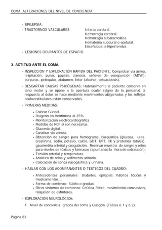 COMA. ALTERACIONES DEL NIVEL DE CONCIENCIA


      - EPILEPSIA.
      - TRASTORNOS VASCULARES:                  Infarto cerebral.
                                                Hemorragia cerebral.
                                                Hemorragia subaracnoidea.
                                                Hematoma subdural o epidural.
                                                Encefalopatía hipertensiva.
      - LESIONES OCUPANTES DE ESPACIO.


3. ACTITUD ANTE EL COMA.
      - INSPECCIÓN Y EXPLORACIÓN RÁPIDA DEL PACIENTE: Comprobar vía aérea,
        respiración, pulso, pupilas, cianosis, señales de venopunción (ADVP),
        púrpuras, petequias, abdomen, fetor (alcohol, cetoacidosis).
      - DESCARTAR CAUSAS PSICÓGENAS: Habitualmente el paciente conserva en
        tono motor y se opone a la apertura ocular (signo de la persiana), la
        respuesta al dolor se hace mediante movimientos abigarrados y los reflejos
        oculovestibulares están conservados.
      - PRIMERAS MEDIDAS:
             •   Colocar Guedel.
             •   Oxígeno en Ventimask al 35%.
             •   Monitorización electrocardiográfica.
             •   Medidas de RCP si son necesarias.
             •   Glucemia digital.
             •   Canalizar vía venosa.
             •   Obtención de sangre para hemograma, bioquímica (glucosa, urea,
                 creatinina, sodio, potasio, calcio, GOT, GPT, CK y proteínas totales),
                 gasometría arterial y coagulación. Reservar muestra de sangre y orina
                 para niveles de tóxicos y fármacos (apuntando la hora de extracción).
             •   Tensión arterial y temperatura.
             •   Analítica de orina y sedimento urinario.
             •   Colocación de sonda nasogástrica y urinaria.
      - HABLAR CON LOS ACOMPAÑANTES O TESTIGOS DEL CUADRO:
             •   Antecedentes personales: Diabetes, epilepsia, hábitos tóxicos y
                 medicamentos...
             •   Forma de comienzo: Súbito o gradual.
             •   Otros síntomas de comienzo: Cefalea, fiebre, movimientos convulsivos,
                 relajación de esfínteres.
      - EXPLORACIÓN NEUROLÓGICA:
        1. Nivel de conciencia: grados del coma y Glasgow (Tablas 6.1 y 6.2).


Página 82
 