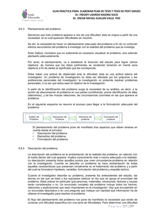 GUIA PRACTICA PARA ELABORAR PLAN DE TESIS Y TESIS DE POST GRADO
Dr. FREDDY LIZARDO KASENG SOLÍS
Dr. OSCAR RAFAEL GUILLEN VALLE PhD
P á g i n a 127 | 297
8.6.3 Planteamiento del problema
Decíamos que todo problema aparece a raíz de una dificultad; ésta se origina a partir de una
necesidad, en la cual aparecen dificultades sin resolver.
De ahí, la necesidad de hacer un planteamiento adecuado del problema a fin de no confundir
efectos secundarios del problema a investigar con la realidad del problema que se investiga.
Arias Galicia: considera que no solamente es necesario visualizar el problema, sino además
plantearlo adecuadamente.
Por tanto, el planteamiento, va a establecer la dirección del estudio para lograr ciertos
objetivos, de manera que los datos pertinentes se recolectan teniendo en mente esos
objetivos a fin de darles el significado que les corresponde.
Debe haber una actitud de objetividad ante la dificultad; ésta es una actitud básica del
investigador. Un problema de investigación no debe ser afectado por los prejuicios o las
preferencias personales del investigador; la investigación no pretende resolver problemas
personales, a no ser que éstos sean el objetivo de la investigación.
A partir de la identificación del problema surge la necesidad de su análisis, es decir, a la
acción de descomponer el problema en sus partes constitutivas, previa identificación de ellas
(elementos), y de las mutuas relaciones, las circunstancias concretas en las que aparece el
problema.
En el siguiente esquema se resume el proceso para llegar a la formulación adecuada del
problema:
El planteamiento del problema pone de manifiesto tres aspectos que deben tenerse en
cuenta desde el principio:
• Descripción del problema.
• Elementos del problema.
• Formulación del problema.
8.6.4 Descripción del problema
La descripción del problema es la ambientación de la realidad del problema, en relación con
el medio dentro del cual aparece. Implica conocimiento más o menos adecuado a la realidad.
La descripción presenta todos aquellos puntos que unen circunstancia-problema en relación
con la investigación. Cuando se describe un problema se hace ambientación de todas
aquellas características que presentan inicialmente en el tratamiento del problema y a partir
del cual se formularon hipótesis, variables, formulación del problema y respaldo teórico.
Cuando el investigador describe su problema, presenta los antecedentes del estudio, las
teorías en las que se basó y los supuestos básicos en los que se apoya el enunciado del
problema. Debe aclarar en particular qué personas, materiales, situaciones, factores y causas
serán consideradas o no. Un enunciado completo del problema incluye todos los hechos,
relaciones y explicaciones que sean importantes en la investigación. Hay que encuadrarlo en
un enunciado descriptivo o en una pregunta que indique con claridad qué información ha de
obtener el investigador para resolver el problema.
El flujo del planteamiento del problema nos pone de manifiesto la necesidad que existe de
conectar una dificultad específica con una serie de dificultades. Para determinar una dificultad
Análisis del
Problema
Elementos del
problema
Descripción del
Problema
Formulación del
problema
 