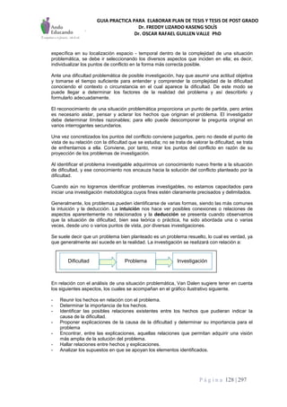 GUIA PRACTICA PARA ELABORAR PLAN DE TESIS Y TESIS DE POST GRADO
Dr. FREDDY LIZARDO KASENG SOLÍS
Dr. OSCAR RAFAEL GUILLEN VALLE PhD
P á g i n a 128 | 297
específica en su localización espacio - temporal dentro de la complejidad de una situación
problemática, se debe ir seleccionando los diversos aspectos que inciden en ella; es decir,
individualizar los puntos de conflicto en la forma más correcta posible.
Ante una dificultad problemática de posible investigación, hay que asumir una actitud objetiva
y tomarse el tiempo suficiente para entender y comprender la complejidad de la dificultad
conociendo el contexto o circunstancia en el cual aparece la dificultad. De este modo se
puede llegar a determinar los factores de la realidad del problema y así describirlo y
formularlo adecuadamente.
El reconocimiento de una situación problemática proporciona un punto de partida, pero antes
es necesario aislar, pensar y aclarar los hechos que originan el problema. El investigador
debe determinar límites razonables; para ello puede descomponer la pregunta original en
varios interrogantes secundarios.
Una vez concretizados los puntos del conflicto conviene juzgarlos, pero no desde el punto de
vista de su relación con la dificultad que se estudia; no se trata de valorar la dificultad, se trata
de enfrentarnos a ella. Conviene, por tanto, mirar los puntos del conflicto en razón de su
proyección de los problemas de investigación.
Al identificar el problema investigable adquirimos un conocimiento nuevo frente a la situación
de dificultad, y ese conocimiento nos encauza hacia la solución del conflicto planteado por la
dificultad.
Cuando aún no logramos identificar problemas investigables, no estamos capacitados para
iniciar una investigación metodológica cuyos fines estén claramente precisados y delimitados.
Generalmente, los problemas pueden identificarse de varias formas, siendo las más comunes
la intuición y la deducción. La intuición nos hace ver posibles conexiones o relaciones de
aspectos aparentemente no relacionados y la deducción se presenta cuando observamos
que la situación de dificultad, bien sea teórica o práctica, ha sido abordada una o varias
veces, desde uno o varios puntos de vista, por diversas investigaciones.
Se suele decir que un problema bien planteado es un problema resuelto, lo cual es verdad, ya
que generalmente así sucede en la realidad. La investigación se realizará con relación a:
En relación con el análisis de una situación problemática, Van Dalen sugiere tener en cuenta
los siguientes aspectos, los cuales se acompañan en el gráfico ilustrativo siguiente.
- Reunir los hechos en relación con el problema.
- Determinar la importancia de los hechos.
- Identificar las posibles relaciones existentes entre los hechos que pudieran indicar la
causa de la dificultad.
- Proponer explicaciones de la causa de la dificultad y determinar su importancia para el
problema
- Encontrar, entre las explicaciones, aquellas relaciones que permitan adquirir una visión
más amplia de la solución del problema.
- Hallar relaciones entre hechos y explicaciones.
- Analizar los supuestos en que se apoyan los elementos identificados.
Dificultad InvestigaciónProblema
 