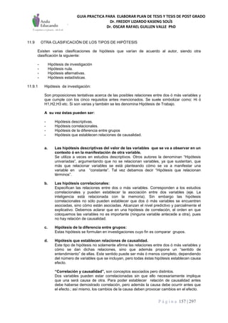 GUIA PRACTICA PARA ELABORAR PLAN DE TESIS Y TESIS DE POST GRADO
Dr. FREDDY LIZARDO KASENG SOLÍS
Dr. OSCAR RAFAEL GUILLEN VALLE PhD
P á g i n a 157 | 297
11.9 OTRA CLASIFICACIÓN DE LOS TIPOS DE HIPÓTESIS
Existen varias clasificaciones de hipótesis que varían de acuerdo al autor, siendo otra
clasificación la siguiente:
- Hipótesis de investigación
- Hipótesis nula.
- Hipótesis alternativas.
- Hipótesis estadísticas.
11.9.1 Hipótesis de investigación:
Son proposiciones tentativas acerca de las posibles relaciones entre dos ó más variables y
que cumple con los cinco requisitos antes mencionados. Se suele simbolizar como: Hi ó
H1,H2,H3 etc. Si son varias y también se les denomina Hipótesis de Trabajo.
A su vez éstas pueden ser:
- Hipótesis descriptivas.
- Hipótesis correlacionales.
- Hipótesis de la diferencia entre grupos
- Hipótesis que establecen relaciones de causalidad.
a. Las hipótesis descriptivas del valor de las variables que se va a observar en un
contexto ó en la manifestación de otra variable.
Se utiliza a veces en estudios descriptivos. Otros autores la denominan “Hipótesis
univariadas”, argumentando que no se relacionan variables, ya que sustentan, que
más que relacionar variables se está planteando cómo se va a manifestar una
variable en una “constante”. Tal vez debamos decir “Hipótesis que relacionan
términos”.
b. Las hipótesis correlacionales:
Especifican las relaciones entre dos o más variables. Corresponden a los estudios
correlacionales y pueden establecer la asociación entre dos variables (eje. La
inteligencia está relacionada con la memoria). Sin embargo las hipótesis
correlacionales no sólo pueden establecer que dos ó más variables se encuentren
asociadas, sino cómo están asociadas. Alcanzan el nivel predictivo y parcialmente el
explicativo. Debemos aclarar que en una hipótesis de correlación, el orden en que
coloquemos las variables no es importante (ninguna variable antecede a otra), pues
no hay relación de causalidad.
c. Hipótesis de la diferencia entre grupos:
Estas hipótesis se formulan en investigaciones cuyo fin es comparar grupos.
d. Hipótesis que establecen relaciones de causalidad.
Este tipo de hipótesis no solamente afirma las relaciones entre dos ó más variables y
cómo se dan dichas relaciones, sino que además propone un “sentido de
entendimiento” de ellas. Este sentido puede ser más ó menos completo, dependiendo
del número de variables que se incluyan, pero todas éstas hipótesis establecen causa
efecto.
“Correlación y causalidad”, son conceptos asociados pero distintos.
Dos variables pueden estar correlacionadas sin que ello necesariamente implique
que una será causa de otra. Para poder establecer relación de causalidad antes
debe haberse demostrado correlación, pero además la causa debe ocurrir antes que
el efecto.; así mismo, los cambios de la causa deben provocar cambios en el efecto.
 
