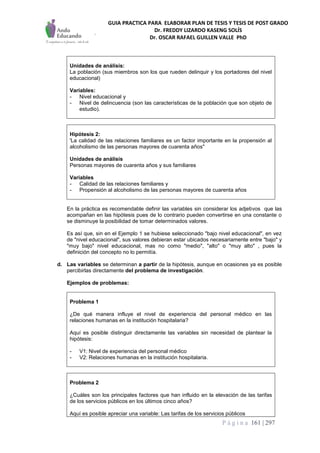 GUIA PRACTICA PARA ELABORAR PLAN DE TESIS Y TESIS DE POST GRADO
Dr. FREDDY LIZARDO KASENG SOLÍS
Dr. OSCAR RAFAEL GUILLEN VALLE PhD
P á g i n a 161 | 297
Unidades de análisis:
La población (sus miembros son los que rueden delinquir y los portadores del nivel
educacional)
Variables:
- Nivel educacional y
- Nivel de delincuencia (son las características de la población que son objeto de
estudio).
Hipótesis 2:
'La calidad de las relaciones familiares es un factor importante en la propensión al
alcoholismo de las personas mayores de cuarenta años"
Unidades de análisis
Personas mayores de cuarenta años y sus familiares
Variables
- Calidad de las relaciones familiares y
- Propensión al alcoholismo de las personas mayores de cuarenta años
En la práctica es recomendable definir las variables sin considerar los adjetivos que las
acompañan en las hipótesis pues de lo contrario pueden convertirse en una constante o
se disminuye la posibilidad de tomar determinados valores.
Es así que, sin en el Ejemplo 1 se hubiese seleccionado "bajo nivel educacional", en vez
de "nivel educacional", sus valores debieran estar ubicados necesariamente entre "bajo" y
"muy bajo" nivel educacional, mas no como "medio", "alto" o "muy alto" , pues la
definición del concepto no lo permitía.
d. Las variables se determinan a partir de la hipótesis, aunque en ocasiones ya es posible
percibirlas directamente del problema de investigación.
Ejemplos de problemas:
Problema 1
¿De qué manera influye el nivel de experiencia del personal médico en las
relaciones humanas en la institución hospitalaria?
Aquí es posible distinguir directamente las variables sin necesidad de plantear la
hipótesis:
- V1: Nivel de experiencia del personal médico
- V2: Relaciones humanas en la institución hospitalaria.
Problema 2
¿Cuáles son los principales factores que han influido en la elevación de las tarifas
de los servicios públicos en los últimos cinco años?
Aquí es posible apreciar una variable: Las tarifas de los servicios públicos
 