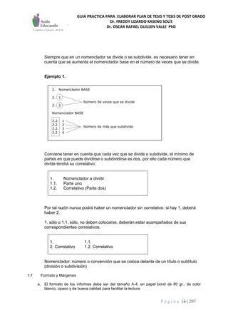 GUIA PRACTICA PARA ELABORAR PLAN DE TESIS Y TESIS DE POST GRADO
Dr. FREDDY LIZARDO KASENG SOLÍS
Dr. OSCAR RAFAEL GUILLEN VALLE PhD
P á g i n a 16 | 297
Siempre que en un nomenclador se divide o se subdivide, es necesario tener en
cuenta que se aumenta el nomenclador base en el número de veces que se divide.
Ejemplo 1.
Conviene tener en cuenta que cada vez que se divide o subdivide, el mínimo de
partes en que puede dividirse o subdividirse es dos, por ello cada número que
divide tendrá su correlativo:
1. Nomenclador a dividir
1.1. Parte uno
1.2. Correlativo (Parte dos)
Por tal razón nunca podrá haber un nomenclador sin correlativo: si hay 1, deberá
haber 2.
1. sólo o 1.1. sólo, no deben colocarse, deberán estar acompañados de sus
correspondientes correlativos.
1. 1.1.
2. Correlativo 1.2. Correlativo
Nomenclador: número o convención que se coloca delante de un título o subtítulo
(división o subdivisión)
1.7 Formato y Márgenes
a. El formato de los informes debe ser del tamaño A-4, en papel bond de 80 gr., de color
blanco, opaco y de buena calidad para facilitar la lectura
2. Nomenclador BASE
2. 1
2. 2
Nomenclador BASE
2.2. 1
2.2. 2
2.2. 3
2.2. 4
Número de veces que se divide
Número de más que subdivide
 