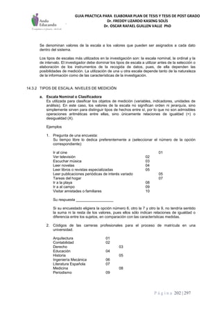 GUIA PRACTICA PARA ELABORAR PLAN DE TESIS Y TESIS DE POST GRADO
Dr. FREDDY LIZARDO KASENG SOLÍS
Dr. OSCAR RAFAEL GUILLEN VALLE PhD
P á g i n a 202 | 297
Se denominan valores de la escala a los valores que pueden ser asignados a cada dato
dentro del sistema.
Los tipos de escalas más utilizados en la investigación son: la escala nominal, la ordinal y la
de intervalo. El investigador debe dominar los tipos de escala a utilizar antes de la selección o
elaboración de los instrumentos de la recogida de datos, pues, de ella dependen las
posibilidades de medición. La utilización de una u otra escala depende tanto de la naturaleza
de la información como de las características de la investigación.
14.3.2 TIPOS DE ESCALA. NIVELES DE MEDICIÓN
a. Escala Nominal o Clasificadora
Es utilizada para clasificar los objetos de medición (variables, indicadores, unidades de
análisis). En este caso, los valores de la escala no significan orden ni jerarquía, sino
simplemente sirven para distinguir tipos de hechos entre sí, por lo que no son admisibles
operaciones aritméticas entre ellas, sino únicamente relaciones de igualdad (=) o
desigualdad (X).
Ejemplos
1. Pregunta de una encuesta:
Su tiempo libre lo dedica preferentemente a (seleccionar el número de la opción
correspondiente):
Ir al cine 01
Ver televisión 02
Escuchar música 03
Leer novelas 04
Leer libros o revistas especializadas 05
Leer publicaciones periódicas de interés variado 05
Tareas del hogar 07
Ir a la playa 08
Ir a al campo 09
Visitar amistades o familiares 10
Su respuesta __________________
Si su encuestado eligiera la opción número 6, otro la 7 y otro la 9, no tendría sentido
la suma ni la resta de los valores, pues ellos sólo indican relaciones de igualdad o
diferencia entre los sujetos, en comparación con las características medidas.
2. Códigos de las carreras profesionales para el proceso de matrícula en una
universidad.
Arquitectura 01
Contabilidad 02
Derecho 03
Educación 04
Historia 05
Ingeniería Mecánica 06
Literatura Española 07
Medicina 08
Periodismo 09
 