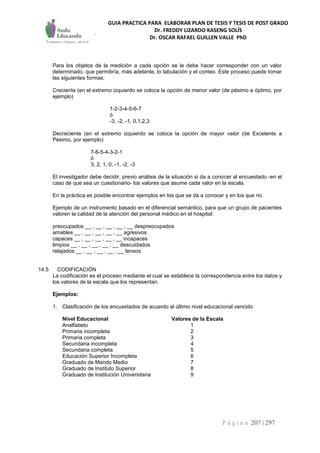 GUIA PRACTICA PARA ELABORAR PLAN DE TESIS Y TESIS DE POST GRADO
Dr. FREDDY LIZARDO KASENG SOLÍS
Dr. OSCAR RAFAEL GUILLEN VALLE PhD
P á g i n a 207 | 297
Para los objetos de la medición a cada opción se le debe hacer corresponder con un valor
determinado, que permitiría, más adelante, lo tabulación y el conteo. Este proceso puede tomar
las siguientes formas:
Creciente (en el extremo izquierdo se coloca la opción de menor valor (de pésimo a óptimo, por
ejemplo)
1-2-3-4-5-6-7
ó
-3, -2, -1, 0,1,2,3
Decreciente (en el extremo izquierdo se coloca la opción de mayor valor (de Excelente a
Pésimo, por ejemplo)
7-6-5-4-3-2-1
ó
3, 2, 1, 0, -1, -2, -3
El investigador debe decidir, previo análisis de la situación si da a conocer al encuestado -en el
caso de que sea un cuestionario- los valores que asume cada valor en la escala.
En la práctica es posible encontrar ejemplos en los que se da a conocer y en los que no.
Ejemplo de un instrumento basado en el diferencial semántico, para que un grupo de pacientes
valoren la calidad de la atención del personal médico en el hospital:
preocupados __ , __ , __ , __ , __ despreocupados
amables __ , __ , __ , __ , __ agresivos
capaces __ , __ , __ , __ , __ incapaces
limpios __ , __ , __ , __ , __ descuidados
relajados __ , __ , __ , __ , __ tensos
14.5 CODIFICACIÓN
La codificación es el proceso mediante el cual se establece la correspondencia entre los datos y
los valores de la escala que los representan.
Ejemplos:
1. Clasificación de los encuestados de acuerdo al último nivel educacional vencido
Nivel Educacional Valores de la Escala
Analfabeto 1
Primaria incompleta 2
Primaria completa 3
Secundaria incompleta 4
Secundaria completa 5
Educación Superior Incompleta 6
Graduado de Mando Medio 7
Graduado de Instituto Superior 8
Graduado de Institución Universitaria 9
 
