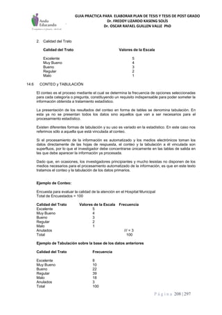 GUIA PRACTICA PARA ELABORAR PLAN DE TESIS Y TESIS DE POST GRADO
Dr. FREDDY LIZARDO KASENG SOLÍS
Dr. OSCAR RAFAEL GUILLEN VALLE PhD
P á g i n a 208 | 297
2. Calidad del Trato
Calidad del Trato Valores de la Escala
Excelente 5
Muy Bueno 4
Bueno 3
Regular 2
Malo 1
14.6 CONTEO y TABULACIÓN
El conteo es el proceso mediante el cual se determina la frecuencia de opciones seleccionadas
para cada categoría o pregunta, constituyendo un requisito indispensable para poder someter la
información obtenida a tratamiento estadístico.
La presentación de los resultados del conteo en forma de tablas se denomina tabulación. En
esta ya no se presentan todos los datos sino aquellos que van a ser necesarios para el
procesamiento estadístico.
Existen diferentes formas de tabulación y su uso es variado en la estadístico. En este caso nos
referimos sólo a aquella que está vinculada al conteo.
Si el procesamiento de la información es automatizado y los medios electrónicos toman los
datos directamente de las hojas de respuesta, el conteo y la tabulación a él vinculada son
superfluos, por lo que el investigador debe concentrarse únicamente en las tablas de salida en
las que debe aparecer la información ya procesada.
Dado que, en ocasiones, los investigadores principiantes y mucho lesistas no disponen de los
medios necesarios para el procesamiento automatizado de la información, es que en este texto
tratamos el conteo y la tabulación de los datos primarios.
Ejemplo de Conteo:
Encuesta para evaluar la calidad de la atención en el Hospital Municipal
Total de Encuestados = 100
Calidad del Trato Valores de la Escala Frecuencia
Excelente 5
Muy Bueno 4
Bueno 3
Regular 2
Malo 1
Anulados /// = 3
Total 100
Ejemplo de Tabulación sobre la base de los datos anteriores
Calidad del Trato Frecuencia
Excelente 8
Muy Bueno 10
Bueno 22
Regular 39
Malo 18
Anulados 3
Total 100
 