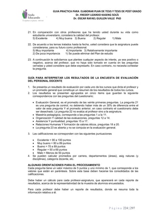 GUIA PRACTICA PARA ELABORAR PLAN DE TESIS Y TESIS DE POST GRADO
Dr. FREDDY LIZARDO KASENG SOLÍS
Dr. OSCAR RAFAEL GUILLEN VALLE PhD
P á g i n a 224 | 297
21. En comparación con otros profesores que ha tenido usted durante su vida como
estudiante universitario, considera la calidad del profesor.
5) Excelente 4) Muy buena 3) Buena 2) Regular 1) Mala
22. De acuerdo a los temas tratados hasta la fecha, usted considera que la asignatura puede
considerarse, para su futuro como profesional.
5) Muy importante 4) Importante 3) Relativamente importante
2) De poca importancia 1) Se puede eliminar del Plan de estudio
23. A continuación le solicitamos que plantee cualquier aspecto de interés, ya sea positivo o
negativo, acerca del profesor, que no haya sido tomado en cuenta en las preguntas
cerradas y usted considere que debe expresarlo. En caso contrario, no necesita contestar
la pregunta.
GUÍA PARA INTERPRETAR LOS RESULTADOS DE LA ENCUESTA DE EVALUACIÓN
DEL PERSONAL DOCENTE
1. Se presenta un resultado de evaluación por cada uno de los cursos que dicta el profesor y
un promedio general que constituye un resumen de los resultados de todos los cursos.
2. Los resultados se presentan agrupados en cinco ítems que guardan la siguiente
correspondencia con las preguntas del cuestionario:
 Evaluación General, es el promedio de las veinte primeras preguntas. La pregunta 21
es una pregunta de control, no debiendo haber más de un 30% de diferencia entre el
valor de esta pregunta Y el promedio anterior, en caso contrario el cuestionario debe
ser desechado. La pregunta 22 no evalúa al profesor sino a la asignatura.
 Maestría pedagógica, corresponde a las preguntas 1 a la 11.
 Organización Y calidad de las evaluaciones, preguntas 12 a 14.
 Asistencia Y puntualidad, preguntas 15 a 17.
 Relaciones Humanas Y formación de valores éticos, preguntas 18 a 20.
 La pregunta 23 es abierta y no se computa en la evaluación general.
3. Las calificaciones se corresponden con las siguientes puntuaciones
 Excelente = 90 a 100 puntos
 Muy bueno = 80 a 89 puntos
 Bueno = 70 a 89 puntos
 Regular = 50 a 69 puntos
 Malo = Menos de 50 puntos
4. Se pueden calcular promedios por carrera, departamentos (áreas), asig naturas (y
disciplinas), categoría docente, etc.
ALGUNAS ORIENTACIONES PARA EL PROCESAMIENTO
Cada pregunta tiene un valor máximo de 5 puntos y uno mínimo de 1, que corresponde a los
valores que están en paréntesis. Sobre esta base deben hacerse los consolidados de las
calificaciones.
Debe haber un cálculo para cada profesor-asignatura, que aparecerá en cada reporte de
resultados, acerca de la representatividad de la muestra de alumnos encuestados.
Para cada profesor debe haber un reporte de resultados, donde se resuma toda la
información relativa a él.
 
