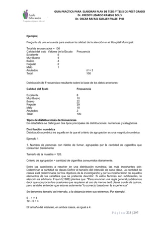 GUIA PRACTICA PARA ELABORAR PLAN DE TESIS Y TESIS DE POST GRADO
Dr. FREDDY LIZARDO KASENG SOLÍS
Dr. OSCAR RAFAEL GUILLEN VALLE PhD
P á g i n a 233 | 297
Ejemplo:
Pregunta de una encuesta para evaluar la calidad de la atención en el Hospital Municipal.
Total de encuestados = 100
Calidad del trato Valores de la Escala Frecuencia
Excelente 5
Muy Bueno 4
Bueno 3
Regular 2
Malo 1
Anulados /// = 3
Total 100
Distribución de Frecuencias resultante sobre la base de los datos anteriores:
Calidad del Trato Frecuencia
Excelente 8
Muy Bueno 10
Bueno 22
Regular 39
Malo 18
Anulados 3
Total 100
Tipos de distribuciones de frecuencias
En estadística se distinguen dos tipos principales de distribuciones: numéricas y categóricas
Distribución numérica
Distribución numérica es aquella en la que el criterio de agrupación es una magnitud numérica
Ejemplo 1:
1. Número de personas con hábito de fumar, agrupadas por la cantidad de cigarrillos que
consumen diariamente
Tamaño de la muestra = 120.
Criterio de agrupación = cantidad de cigarrillos consumidos diariamente.
Entre las cuestiones a resolver en una distribución numérica, las más importantes son:
Determinar la cantidad de clases Definir el tamaño del intervalo de cada clase. La cantidad de
clases está determinada por los objetivos de la investigación y por la consideración de aquellos
elementos de las variables que se pretende describir. Si estos factores son indiferentes, la
elección es arbitraria. Freund (1988) plantea que: "Para enunciar una regla general pudiéramos
decir que son pocas las ocasiones que requieren el uso de menos de 6 clases o más de quince,
pero se debe entender que esto es solamente "lo correcto basado en la experiencia"
Se denomina tamaño del intervalo, a la distancia entre sus extremos. Por ejemplo.
5 – 1 = 4
10 – 6 = 4
El tamaño del intervalo, en ambos casos, es igual a 4.
 