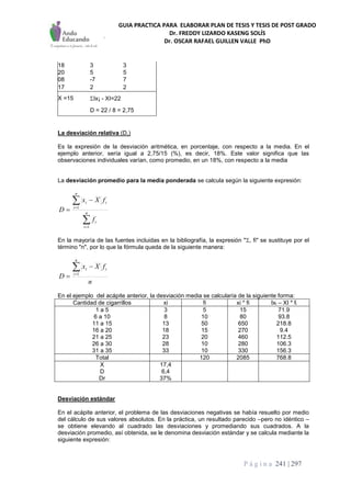 GUIA PRACTICA PARA ELABORAR PLAN DE TESIS Y TESIS DE POST GRADO
Dr. FREDDY LIZARDO KASENG SOLÍS
Dr. OSCAR RAFAEL GUILLEN VALLE PhD
P á g i n a 241 | 297
18 3 3
20 5 5
08 -7 7
17 2 2
X =15 Ix¡ - XI=22
D = 22 / 8 = 2,75
La desviación relativa (D,)
Es la expresión de la desviación aritmética, en porcentaje, con respecto a la media. En el
ejemplo anterior, sería igual a 2,75/15 (%), es decir, 18%. Este valor significa que las
observaciones individuales varían, como promedio, en un 18%, con respecto a la media
La desviación promedio para la media ponderada se calcula según la siguiente expresión:





 n
i
i
n
i
ii
f
fXx
D
1
1
En la mayoría de las fuentes incluidas en la bibliografía, la expresión ", fi" se sustituye por el
término "n", por lo que la fórmula queda de la siguiente manera:
n
fXx
D
n
i
ii

 1
En el ejemplo del acápite anterior, la desviación media se calcularía de la siguiente forma:
Cantidad de cigarrillos xi fi xi * fi Ixi – XI * fi
1 a 5
6 a 10
11 a 15
16 a 20
21 a 25
26 a 30
31 a 35
3
8
13
18
23
28
33
5
10
50
15
20
10
10
15
80
650
270
460
280
330
71.9
93.8
218.8
9.4
112.5
106.3
156.3
Total 120 2085 768.8
X
D
Dr
17,4
6,4
37%
Desviación estándar
En el acápite anterior, el problema de las desviaciones negativas se había resuelto por medio
del cálculo de sus valores absolutos. En la práctica, un resultado parecido –pero no idéntico –
se obtiene elevando al cuadrado las desviaciones y promediando sus cuadrados. A la
desviación promedio, así obtenida, se le denomina desviación estándar y se calcula mediante la
siguiente expresión:
 