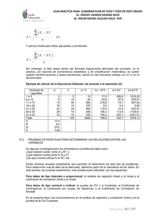 GUIA PRACTICA PARA ELABORAR PLAN DE TESIS Y TESIS DE POST GRADO
Dr. FREDDY LIZARDO KASENG SOLÍS
Dr. OSCAR RAFAEL GUILLEN VALLE PhD
P á g i n a 242 | 297
n
XX
S
k
i
i

 1
2
)(
(1)
Y para la media para datos agrupados o ponderada:
n
fXX
S
k
i
ii

 1
2
)(
Sin embargo, si bien éstas serían las fórmulas lógicamente derivadas del concepto, en la
práctica, por razones de conveniencia estadística y de simplificación matemática, se suelen
realizar transformaciones a estas expresiones, siendo lo más frecuente trabajar con (n-1) en el
denominador.
Ejemplo de cálculo de la Desviación Estándar, de acuerdo a la expresión (2):
Cantidad de
cigarrillos
xi fi xi * fi Ixi – XI*fi (x1-X)2 (xi-X)2*fi
1 a 5
6 a 10
11 a 15
16 a 20
21 a 25
26 a 30
31 a 35
3
8
13
18
23
28
33
5
10
50
15
20
10
10
15
80
650
270
460
280
330
71,9
93,8
218,8
9,4
112,5
106,3
156,3
206,6
87,9
19,1
0,4
31,6
112,9
244,1
1033,20
878,91
957,03
5,86
632,81
1128,91
2441,41
Total 120 2085 768,8 702,7 7078,13
X
D
Dr
S
17,4
6,4
37%
7,68
15.3 PRUEBAS ESTADÍSTICAS PARA DETERMINAR LAS RELACIONES ENTRE LAS
VARIABLES
En algunas investigaciones nos enfrentamos a problemas tales como:
¿Qué relación existe entre A y B?, o
¿Qué relación existe entre A, B y C?
¿De que manera influye A en B?, etc.
Existe diversas pruebas estadísticas que permiten el tratamiento de este tipo de problemas.
Para determinar cual de ellas es la adecuada, debemos partir de la naturaleza de los datos. En
este sentido, las pruebas estadísticas, más ampliamente utilizadas, son las siguientes:
Para datos de tipo intervalo o proporcional: el análisis de regresión lineal y no lineal y el
coeficiente de correlación lineal y no lineal.
Para datos de tipo nominal u ordinal: la prueba de Chi o Ji Cuadrada, el Coeficiente de
Contingencia, el Coeficiente por rangos de Spearman y el Coeficiente de Correlación de
Kendall.
En el presente texto nos concentraremos en el análisis de regresión y correlación lineal y en la
prueba de la Chi Cuadrada.
 