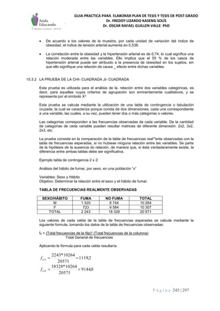 GUIA PRACTICA PARA ELABORAR PLAN DE TESIS Y TESIS DE POST GRADO
Dr. FREDDY LIZARDO KASENG SOLÍS
Dr. OSCAR RAFAEL GUILLEN VALLE PhD
P á g i n a 245 | 297
 De acuerdo a los valores de la muestra, por cada unidad de variación del índice de
obesidad, el índice de tensión arterial aumenta en 0,538.
 La correlación entre la obesidad y la hipertensión arterial es de 0,74, lo cual significa una
relación moderada entre las variables. Ello implica que el 55 % de los casos de
hipertensión arterial puede ser atribuido a la presencia de obesidad en los sujetos, sin
que ello signifique una relación de causa _ efecto entre dichas variables.
15.3.2 LA PRUEBA DE LA CHI- CUADRADA JI- CUADRADA
Esta prueba es utilizada para el análisis de la. relación entre dos variables categóricas, es
decir, para aquellas cuyos criterios de agrupación son eminentemente cualitativos, y se
representa por el símbolo X2
Esta prueba se calcula mediante la utilización de una tabla de contingencia o tabulación
cruzada, la cual se caracteriza porque consta de dos dimensiones; cada una correspondiente
a una variable, las cuales, a su vez, pueden tener dos o más categorías o valores.
Las categorías corresponden a las frecuencias observadas de cada variable. De la cantidad
de categorías de ceda variable pueden resultar matrices de diferente dimensión: 2x2, 3x2,
2x3, etc.
La prueba consiste en la comparación de la tabla de frecuencias real'"ente observadas con la
tabla de frecuencias esperadas, si no hubiese ninguna relación entre las variables. Se parte
de la hipótesis de la ausencia do relación, de manera que, si ésta verdaderamente existe, la
diferencia entre ambas tablas debe ser significativa.
Ejemplo tabla de contingencia 2 x 2:
Análisis del hábito de fumar, por sexo, en una población “x”
Variables: Sexo y Hábito
Objetivo: Determinar la relación entre el sexo y el hábito de fumar.
TABLA DE FRECUENCIAS REALMENTE OBSERVADAS
SEXO/HÁBITO FUMA NO FUMA TOTAL
M 1 520 8 744 10 264
F 723 9 584 10 307
TOTAL 2 243 18 328 20 571
Los valores de cada celda de la tabla de frecuencias esperadas se calcula mediante la
siguiente formula, tomando los datos de la tabla de frecuencias observadas:
fe = (Total frecuencias de la fila)* (Total frecuencias de la columna)
Total General de frecuencias
Aplicando la fórmula para cada celda resultaría.
2,1119
20571
10264*2243
11 ef
8,9144
20571
10264*18328
12 ef
 