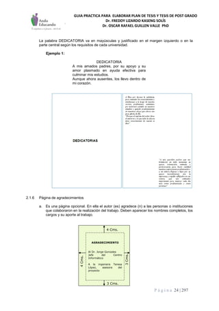 GUIA PRACTICA PARA ELABORAR PLAN DE TESIS Y TESIS DE POST GRADO
Dr. FREDDY LIZARDO KASENG SOLÍS
Dr. OSCAR RAFAEL GUILLEN VALLE PhD
P á g i n a 24 | 297
La palabra DEDICATORIA va en mayúsculas y justificado en el margen izquierdo o en la
parte central según los requisitos de cada universidad.
Ejemplo 1:
DEDICATORIA
A mis amados padres, por su apoyo y su
amor plasmado en ayuda efectiva para
culminar mis estudios.
Aunque ahora ausentes, los llevo dentro de
mi corazón.
2.1.6 Página de agradecimientos
a. Es una página opcional. En ella el autor (es) agradece (n) a las personas o instituciones
que colaboraron en la realización del trabajo. Deben aparecer los nombres completos, los
cargos y su aporte al trabajo.
3 Cms.
4 Cms.
3Cms.
4Cms.
3 Cms.
4 Cms.
3Cms.
4Cms.
AGRADECIMIENTO
Al Dr. Jorge Gonzales
Jefe del Centro
Informático
A la ingeniera Teresa
López, asesora del
proyecto
 