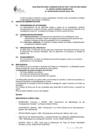 GUIA PRACTICA PARA ELABORAR PLAN DE TESIS Y TESIS DE POST GRADO
Dr. FREDDY LIZARDO KASENG SOLÍS
Dr. OSCAR RAFAEL GUILLEN VALLE PhD
P á g i n a 278 | 297
a partir de estas se elaboren cuadros estadísticos. De este modo, se facilitara el análisis
o interpretación de los datos y resultados.
VI. ASPECTOS ADMINISTRATIVOS
6.1 CRONOGRAMA DE ACTIVIDADES
La calendarizacion de las diferentes etapas y pasos de la investigación científica
cronogramada por meses,ó semanas, permite establecer una secuencia coherente en la
investigación ya que sin cronograma el trabajo no tendría cuando terminar.
6.2 ASIGNACIÓN DE RECURSOS
6.2.1 Potencial Humano: Las personas que intervienen en la investigación como
colaboradores inmediatos, deben ser elegidos de preferencia entre personas que
estudien o trabajen el área de investigación a fin a investigación.
6.2.2 Recursos materiales: El material a emplear deberá ser listado cuidadosamente,
en especial el material fungible.
6.3 PRESUPUESTO DEL PROYECTO
Se debe hacer un estimado de los costos para intervención del potencial humano y para
la adquisición de recursos materiales. Aquí se determina si el proyecto es factible de
realizar o no.
6.4 FINANCIAMIENTO
Si no es personal, se indica la cantidad que asumirá los gastos y que a su vez será la
beneficiada con los resultados.
VII. BIBLIOGRAFIA
Es el testimonio de la seriedad e idoneidad del trabajo de investigación. La bibliografía puede
definir el desarrollo y forma del contenido de cada capitulo.
La bibliografía se puede consignar de 3 formas:
- Por orden alfabético de autores
- Por orden de importancia de las fuentes
- Y por el orden en que se desarrollan los capítulos
Las bibliografías también se pueden referir a las fuentes de consulta, a través de encuestas y a
personas entendidas o especializadas en el tema.
La bibliografía se consigna al final del trabajo de investigación, según la técnica y el orden ya
estudiado.
Es el listado de libros que se han consultado para desarrollar el perfil de tesis o proyecto de
grado.
Esto se puede redactar en una o dos páginas.
Ejemplo:
BIBLIOGRAFIA CONSULTADA
- RODRIGUEZ, Francisco y OTROS. 1984. "Introducción ala Metodología de las
Investigaciones Sociales". La Habana. Editora Política.
- CHIAVENATO, Idalberto. 1985. "Introducción a la Teoría General de la Administración".
Bogotá. Edit. McGraw-Hill.
- REYES PONCE, Agustín. 1986. "Administración de Personal". México. Edit. Lenin.
- INSTITUTO DE INVESTIGACION y CAPACITACION EN CIENCIAS ADMINISTRATNAS.
1989. "Metodología de Investigación Científica". La Paz. UMSA-CAE-IICCA.
- BLANCO, Mario E. 1990. "Guía para la Elaboración de Tesis de Grado" (Modalidad
Paneles). La Paz, UMSA-FCEF-CAE-llCCA.
 