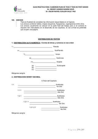 GUIA PRACTICA PARA ELABORAR PLAN DE TESIS Y TESIS DE POST GRADO
Dr. FREDDY LIZARDO KASENG SOLÍS
Dr. OSCAR RAFAEL GUILLEN VALLE PhD
P á g i n a 279 | 297
VIII. ANEXOS
- Tiene la finalidad de completar las información desarrollada en el Capitulo.
- Los anexos contienen tablas, mapas esquemas, flujogramas, organigramas entre otros.
- Los anexos usualmente se colocan en la parte final del trabajo pero si el contexto lo
requiere irán intercalados en el desarrollo de los Capítulos. Si van al final es preferible
que ocupen una página.
DISTRIBUCION DE TEXTOS
1.- DISTRIBUCION ALFA NUMERICA.- Consta de letras y números en ese orden
1.-__________________________________________ Párrafo
a.-_____________________________________ SubPárrafo
1)________________________________ Inciso
a)___________________________ SubInciso
(1)_________________________ Acápite
(a) :_______________________ Subacapite
(b) :_______________________
(c) :_______________________
Márgenes sangría
2.- DISTRIBUCION DEWEY DECIMAL
I (Titulo del Capitulo)
1.1 _________________________________________ Subtítulos
_________________________________________ 1er Ord
1.1.1 ____________________________________ Subtítulos
____________________________________ 2do Ord
1.2.1 ____________________________________ Subtítulos
____________________________________ 2do Ord.
1.2.1.1 _________________________ Subtítulos
_______________________________ 3er Ord.
1.2.1.2.1 ____________________ Subtítulos
____________________ 4to Ord.
Márgenes sangría
 