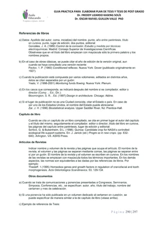 GUIA PRACTICA PARA ELABORAR PLAN DE TESIS Y TESIS DE POST GRADO
Dr. FREDDY LIZARDO KASENG SOLÍS
Dr. OSCAR RAFAEL GUILLEN VALLE PhD
P á g i n a 290 | 297
Referencias de libros
a) Datos: Apellido del autor, coma, inicial(es) del nombre, punto, año entre paréntesis, título
en cursiva, punto, lugar de edición, dos puntos, editorial:
Gonzáles, J. A. (1989) Control de la corrosión: Estudio y medida por técnicas
electroquímicas. Madrid: Consejo Superior de Investigaciones Científicas.
Obsérvese que en el título del libro empiezan con mayúscula sólo la primera palabra y los
nombres propios.
b) En el caso de obras clásicas, se puede citar el año de edición de la versión original, aun
cuando se haya consultado una versión reciente:
Pavlov, 1. P. (1960) Conditioned reflexes. Nueva York: Dover (publicado originalmente en
1927).
c) Cuando la publicación está compuesta por varios volúmenes, editados en distintos años,
éstos se citan separados por un guión:
Yeats, V. (1998-2001) Monitoring funds flowing. Nueva York: Plenum.
d) En los casos que corresponda, se indicará después del nombre si es compilador, editor o
director (Comp ..; Ed.; Dir.):
Bloomington, S. R. , Ed. (1997) Design in architecture. Chicago: Aldine.
e) Si el lugar de publicación no es una Ciudad conocida, citar el Estado o país. En caso de
ser uno de los Estados Unidos, el nombre del Estado puede abreviarse:
Zar, J. H. (1996) Biostatistical analysis. Upper Saddler River, NJ: Prentice-Hall.
Capítulo de libro
Cuando se cita un capítulo de un libro compilado, se cita en primer lugar el autor del capítulo
y el título del mismo, seguidamente el compilador, editor o director, título del libro en cursiva,
las páginas del capítulo entre paréntesis, lugar de edición y editorial: .
Schlick, G. & Bubenheim, D.L. (1996). Quinoa: Candidate crop for NASA's controlled
ecological life support systems. En: J. Janick (ed.) Progre ss in new crops. (pp. 632-
640). Arlington, VA: ASHS Press.
Artículos de Revistas
Indicar nombre y volumen de la revista y las páginas que ocupa el artículo. El nombre de la
revista, el volumen y las páginas se separan mediante comas, las páginas se separan entre
sí por un guión. El nombre de la revista y el volumen se escriben en cursiva. En los nombres
de las revistas se empiezan con mayúscula todos los términos importantes. En los demás- --
aspectos, las normas son equivalentes a las dadas por las referencias de libros. Por
ejemplo:
Thesleff, 1.(1995) Homeobox genes and growth factors in regulation of craniofacial and tooth
morphogenesis. Acta Odontologica Scandinavica, 53, 129-134.
Otros documentos
a) Cuando se trata de comunicaciones y ponencias presentadas a Congresos, Seminarios,
Simposia, Conferencias, etc., se especifican: autor, año, título del trabajo, nombre del
certamen y mes de celebración.
b) Si una ponencia ha sido publicada en un volumen dedicado al certamen en cuestión, se
puede especificar de manera similar a la de capítulo de libro (véase arriba).
c) Ejemplo de referencia de Tesis:
 