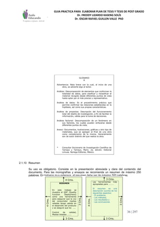 GUIA PRACTICA PARA ELABORAR PLAN DE TESIS Y TESIS DE POST GRADO
Dr. FREDDY LIZARDO KASENG SOLÍS
Dr. OSCAR RAFAEL GUILLEN VALLE PhD
P á g i n a 36 | 297
2.1.10 Resumen
Su uso es obligatorio. Consiste en la presentación abreviada y clara del contenido del
documento. Para las monografías y ensayos se recomienda un resumen de máximo 250
palabras. En trabajos muy extensos, el resumen debe ser de máximo 500 palabras.
3 Cms.
3 Cms.
3Cms.
3 Cms.
4 Cms.
3Cms.
4Cms.
3 Cms.
4 Cms.
3Cms.
4Cms.
4Cms.
RESUMEN
En este trabajo se
muestra el QDF (Quality
Function Deployment)
como una herramienta
para asegurar que la voz
del consumidor medias
veladas tenga cabida en
el desarrollo del producto
y se asegure que los …..
Control de calidad,
Medias Veladas ……..
Las herramientas más
apropiadas para ……….
El resumen es una
descripción sucinta de los
siguientes aspectos:
- El problema,
- Los métodos,
- Los resultados y
- Las conclusiones
GLOSARIO
A
Advertencia: Nota breve con la cual, al inicio de una
obra, se advierte algo al lector.
Análisis: Descomposición de elementos que conforman la
totalidad de datos, para clasificar y reclasificar el
material recogido desde diferentes puntos de vista
hasta optar por el más preciso y representativo.
Análisis de datos: Es el procedimiento práctico que
permite confirmar las relaciones establecidas en la
hipótesis, así como sus propias características.
Análisis de proyectos: Descripción del funcionamiento
total del diseño de investigación, a fin de facilitar la
información, válida para la toma de decisiones.
Análisis factorial: Descomposición de un fenómeno en
sus factores, los cuales pueden enfocarse desde
diferentes puntos de vista.
Anexo: Documentos, ilustraciones, gráficas u otro tipo de
materiales, que se agregan al final de una obra
como complemento de la misma. Generalmente
son de autor distinto del que realiza la obra.
* Consultar Diccionario de Investigación Científica de
Tamayo y Tamayo, Mario. 2a. edición. Editorial
Limusa. Noriega Editores, México.
 