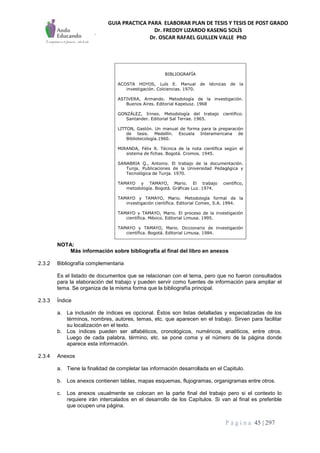 GUIA PRACTICA PARA ELABORAR PLAN DE TESIS Y TESIS DE POST GRADO
Dr. FREDDY LIZARDO KASENG SOLÍS
Dr. OSCAR RAFAEL GUILLEN VALLE PhD
P á g i n a 45 | 297
NOTA:
Más información sobre bibliografía al final del libro en anexos
2.3.2 Bibliografía complementaria
Es el listado de documentos que se relacionan con el tema, pero que no fueron consultados
para la elaboración del trabajo y pueden servir como fuentes de información para ampliar el
tema. Se organiza de la misma forma que la bibliografía principal.
2.3.3 Índice
a. La inclusión de índices es opcional. Éstos son listas detalladas y especializadas de los
términos, nombres, autores, temas, etc. que aparecen en el trabajo. Sirven para facilitar
su localización en el texto.
b. Los índices pueden ser alfabéticos, cronológicos, numéricos, analíticos, entre otros.
Luego de cada palabra, término, etc. se pone coma y el número de la página donde
aparece esta información.
2.3.4 Anexos
a. Tiene la finalidad de completar las información desarrollada en el Capitulo.
b. Los anexos contienen tablas, mapas esquemas, flujogramas, organigramas entre otros.
c. Los anexos usualmente se colocan en la parte final del trabajo pero si el contexto lo
requiere irán intercalados en el desarrollo de los Capítulos. Si van al final es preferible
que ocupen una página.
BIBLIOGRAFÍA
ACOSTA HOYOS, Luís E. Manual de técnicas de la
investigación. Colciencias. 1970.
ASTIVERA, Armando. Metodología de la investigación.
Buenos Aires. Editorial Kapelusz. 1968
GONZÁLEZ, Irineo. Metodología del trabajo científico.
Santander. Editorial Sal Terrae. 1965.
LITTON, Gastón. Un manual de forma para la preparación
de tesis. Medellín. Escuela Interamericana de
Bibliotecología.1960.
MIRANDA, Félix R. Técnica de la nota científica según el
sistema de fichas. Bogotá. Cromos. 1945.
SANABRIA Q., Antonio. El trabajo de la documentación.
Tunja. Publicaciones de la Universidad Pedagógica y
Tecnológica de Tunja. 1970.
TAMAYO y TAMAYO, Mario. El trabajo científico,
metodología. Bogotá. Gráficas Luz. 1974.
TAMAYO y TAMAYO, Mario. Metodología formal de la
investigación científica. Editorial Comex, S.A. 1994.
TAMAYO y TAMAYO, Mario. El proceso de la investigación
científica. México. Editorial Limusa. 1995.
TAMAYO y TAMAYO, Mario. Diccionario de investigación
científica. Bogotá. Editorial Limusa. 1984.
 