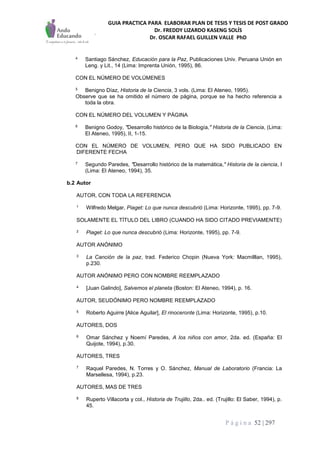 GUIA PRACTICA PARA ELABORAR PLAN DE TESIS Y TESIS DE POST GRADO
Dr. FREDDY LIZARDO KASENG SOLÍS
Dr. OSCAR RAFAEL GUILLEN VALLE PhD
P á g i n a 52 | 297
4 Santiago Sánchez, Educación para la Paz, Publicaciones Univ. Peruana Unión en
Leng. y Lit., 14 (Lima: Imprenta Unión, 1995), 86.
CON EL NÚMERO DE VOLÚMENES
5 Benigno Díaz, Historia de la Ciencia, 3 vols. (Lima: El Ateneo, 1995).
Observe que se ha omitido el número de página, porque se ha hecho referencia a
toda la obra.
CON EL NÚMERO DEL VOLUMEN Y PÁGINA
6 Benigno Godoy, "Desarrollo histórico de la Biología," Historia de la Ciencia, (Lima:
El Ateneo, 1995), II, 1-15.
CON EL NÚMERO DE VOLUMEN, PERO QUE HA SIDO PUBLICADO EN
DIFERENTE FECHA
7 Segundo Paredes, "Desarrollo histórico de la matemática," Historia de la ciencia, I
(Lima: El Ateneo, 1994), 35.
b.2 Autor
AUTOR, CON TODA LA REFERENCIA
1 Wilfredo Melgar, Piaget: Lo que nunca descubrió (Lima: Horizonte, 1995), pp. 7-9.
SOLAMENTE EL TÍTULO DEL LIBRO (CUANDO HA SIDO CITADO PREVIAMENTE)
2 Piaget: Lo que nunca descubrió (Lima: Horizonte, 1995), pp. 7-9.
AUTOR ANÓNIMO
3 La Canción de la paz, trad. Federico Chopin (Nueva York: Macmilllan, 1995),
p.230.
AUTOR ANÓNIMO PERO CON NOMBRE REEMPLAZADO
4 [Juan Galindo], Salvemos el planeta (Boston: El Ateneo, 1994), p. 16.
AUTOR, SEUDÓNIMO PERO NOMBRE REEMPLAZADO
5 Roberto Aguirre [Alice Aguilar], El rinoceronte (Lima: Horizonte, 1995), p.10.
AUTORES, DOS
6 Omar Sánchez y Noemí Paredes, A los niños con amor, 2da. ed. (España: El
Quijote, 1994), p.30.
AUTORES, TRES
7 Raquel Paredes, N. Torres y O. Sánchez, Manual de Laboratorio (Francia: La
Marsellesa, 1994), p.23.
AUTORES, MAS DE TRES
8 Ruperto Villacorta y col., Historia de Trujillo, 2da.. ed. (Trujillo: El Saber, 1994), p.
45.
 