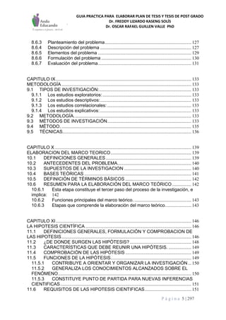 GUIA PRACTICA PARA ELABORAR PLAN DE TESIS Y TESIS DE POST GRADO
Dr. FREDDY LIZARDO KASENG SOLÍS
Dr. OSCAR RAFAEL GUILLEN VALLE PhD
P á g i n a 5 | 297
8.6.3 Planteamiento del problema............................................................................ 127
8.6.4 Descripción del problema ................................................................................ 127
8.6.5 Elementos del problema .................................................................................. 129
8.6.6 Formulación del problema ............................................................................... 130
8.6.7 Evaluación del problema.................................................................................. 131
CAPITULO IX....................................................................................................................... 133
METODOLOGÍA.................................................................................................................. 133
9.1 TIPOS DE INVESTIGACIÓN:................................................................................. 133
9.1.1 Los estudios exploratorios:.............................................................................. 133
9.1.2 Los estudios descriptivos:................................................................................ 133
9.1.3 Los estudios correlacionales:.......................................................................... 133
9.1.4 Los estudios explicativos: ................................................................................ 133
9.2 METODOLOGÍA....................................................................................................... 133
9.3 MÉTODOS DE INVESTIGACIÓN.......................................................................... 133
9.4 MÉTODO. .................................................................................................................. 135
9.5 TÉCNICAS................................................................................................................. 136
CAPITULO X........................................................................................................................ 139
ELABORACION DEL MARCO TEORICO....................................................................... 139
10.1 DEFINICIONES GENERALES ........................................................................... 139
10.2 ANTECEDENTES DEL PROBLEMA................................................................. 140
10.3 SUPUESTOS DE LA INVESTIGACION ........................................................... 140
10.4 BASES TEÓRICAS .............................................................................................. 141
10.5 DEFINICIÓN DE TÉRMINOS BÁSICOS .......................................................... 142
10.6 RESUMEN PARA LA ELABORACIÓN DEL MARCO TEÓRICO................. 142
10.6.1 Esta etapa constituye el tercer paso del proceso de la investigación, e
implica: 142
10.6.2 Funciones principales del marco teórico. .................................................. 143
10.6.3 Etapas que comprende la elaboración del marco teórico....................... 143
CAPITULO XI....................................................................................................................... 146
LA HIPOTESIS CIENTÍFICA ............................................................................................. 146
11.1 DEFINICIONES GENERALES, FORMULACIÓN Y COMPROBACION DE
LAS HIPOTESIS.................................................................................................................. 146
11.2 ¿DE DONDE SURGEN LAS HIPÓTESIS?...................................................... 148
11.3 CARACTERÍSTICAS QUE DEBE REUNIR UNA HIPÓTESIS. .................... 149
11.4 COMPROBACIÓN DE LAS HIPÓTESIS.......................................................... 149
11.5 FUNCIONES DE LA HIPÓTESIS....................................................................... 149
11.5.1 CONTRIBUYE A ORIENTAR Y ORGANIZAR LA INVESTIGACIÓN... 150
11.5.2 GENERALIZA LOS CONOCIMIENTOS ALCANZADOS SOBRE EL
FENÓMENO..................................................................................................................... 150
11.5.3 CONSTITUYE PUNTO DE PARTIDA PARA NUEVAS INFERENCIAS
CIENTIFICAS................................................................................................................... 151
11.6 REQUISITOS DE LAS HIPOTESIS CIENTIFICAS......................................... 151
 