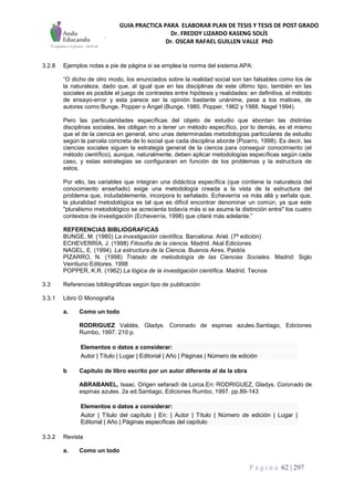 GUIA PRACTICA PARA ELABORAR PLAN DE TESIS Y TESIS DE POST GRADO
Dr. FREDDY LIZARDO KASENG SOLÍS
Dr. OSCAR RAFAEL GUILLEN VALLE PhD
P á g i n a 62 | 297
3.2.8 Ejemplos notas a pie de página si se emplea la norma del sistema APA:
“O dicho de otro modo, los enunciados sobre la realidad social son tan falsables como los de
la naturaleza, dado que, al igual que en las disciplinas de este último tipo, también en las
sociales es posible el juego de contrastes entre hipótesis y realidades: en definitiva, el método
de ensayo-error y esta parece ser la opinión bastante unánime, pese a los matices, de
autores como Bunge, Popper o Ángel (Bunge, 1980. Popper, 1962 y 1988. Nagel 1994).
Pero las particularidades específicas del objeto de estudio que abordan las distintas
disciplinas sociales, les obligan no a tener un método específico, por lo demás, es el mismo
que el de la ciencia en general, sino unas determinadas metodologías particulares de estudio
según la parcela concreta de lo social que cada disciplina aborde (Pizarro, 1998). Es decir, las
ciencias sociales siguen la estrategia general de la ciencia para conseguir conocimiento (el
método científico), aunque, naturalmente, deben aplicar metodologías específicas según cada
caso, y estas estrategias se configuraran en función de los problemas y la estructura de
estos.
Por ello, las variables que integran una didáctica específica (que contiene la naturaleza del
conocimiento enseñado) exige una metodología creada a la vista de la estructura del
problema que, indudablemente, incorpora lo señalado. Echeverría va más allá y señala que,
la pluralidad metodológica es tal que es difícil encontrar denominar un común, ya que este
"pluralismo metodológico se acrecienta todavía más si se asume la distinción entre" los cuatro
contextos de investigación (Echeverría, 1998) que citaré más adelante.”
REFERENCIAS BIBLIOGRAFICAS
BUNGE, M. (1980) La investigación científica. Barcelona: Ariel. (7ª edición)
ECHEVERRÍA, J. (1998) Filosofía de la ciencia. Madrid. Akal Ediciones
NAGEL, E. (1994). La estructura de la Ciencia. Buenos Aires. Paidós
PIZARRO, N. (1998) Tratado de metodología de las Ciencias Sociales. Madrid: Siglo
Veintiuno Editores. 1998
POPPER, K.R. (1962) La lógica de la investigación científica. Madrid. Tecnos
3.3 Referencias bibliográficas según tipo de publicación
3.3.1 Libro O Monografía
a. Como un todo
RODRIGUEZ Valdés, Gladys. Coronado de espinas azules.Santiago, Ediciones
Rumbo, 1997. 210 p.
Elementos o datos a considerar:
Autor | Título | Lugar | Editorial | Año | Páginas | Número de edición
b Capítulo de libro escrito por un autor diferente al de la obra
ABRABANEL, Isaac. Origen sefaradí de Lorca.En: RODRIGUEZ, Gladys. Coronado de
espinas azules. 2a ed.Santiago, Ediciones Rumbo, 1997. pp.89-143
Elementos o datos a considerar:
Autor | Título del capítulo | En: | Autor | Título | Número de edición | Lugar |
Editorial | Año | Páginas específicas del capítulo
3.3.2 Revista
a. Como un todo
 
