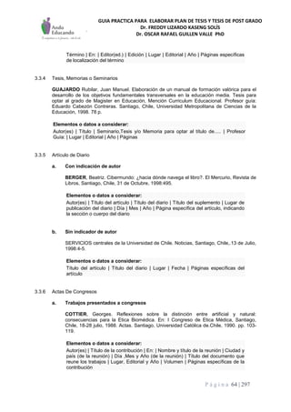 GUIA PRACTICA PARA ELABORAR PLAN DE TESIS Y TESIS DE POST GRADO
Dr. FREDDY LIZARDO KASENG SOLÍS
Dr. OSCAR RAFAEL GUILLEN VALLE PhD
P á g i n a 64 | 297
Término | En: | Editor(ed.) | Edición | Lugar | Editorial | Año | Páginas específicas
de localización del término
3.3.4 Tesis, Memorias o Seminarios
GUAJARDO Rubilar, Juan Manuel. Elaboración de un manual de formación valórica para el
desarrollo de los objetivos fundamentales transversales en la educación media. Tesis para
optar al grado de Magister en Educación, Mención Curriculum Educacional. Profesor guía:
Eduardo Cabezón Contreras. Santiago, Chile, Universidad Metropolitana de Ciencias de la
Educación, 1998. 78 p.
Elementos o datos a considerar:
Autor(es) | Título | Seminario,Tesis y/o Memoria para optar al título de..... | Profesor
Guía: | Lugar | Editorial | Año | Páginas
3.3.5 Artículo de Diario
a. Con indicación de autor
BERGER, Beatriz. Cibermundo: ¿hacia dónde navega el libro?. El Mercurio, Revista de
Libros, Santiago, Chile, 31 de Octubre, 1998:495.
Elementos o datos a considerar:
Autor(es) | Título del artículo | Título del diario | Título del suplemento | Lugar de
publicación del diario | Día | Mes | Año | Página específica del artículo, indicando
la sección o cuerpo del diario
b. Sin indicador de autor
SERVICIOS centrales de la Universidad de Chile. Noticias, Santiago, Chile,.13 de Julio,
1998:4-5.
Elementos o datos a considerar:
Título del artículo | Título del diario | Lugar | Fecha | Páginas específicas del
artículo
3.3.6 Actas De Congresos
a. Trabajos presentados a congresos
COTTIER, Georges. Reflexiones sobre la distinción entre artificial y natural:
consecuencias para la Etica Biomédica. En: I Congreso de Etica Médica, Santiago,
Chile, 18-28 julio, 1988. Actas. Santiago, Universidad Católica de.Chile, 1990. pp. 103-
119.
Elementos o datos a considerar:
Autor(es) | Título de la contribución | En: | Nombre y título de la reunión | Ciudad y
país (de la reunión) | Día ,Mes y Año (de la reunión) | Título del documento que
reune los trabajos | Lugar, Editorial y Año | Volumen | Páginas específicas de la
contribución
 