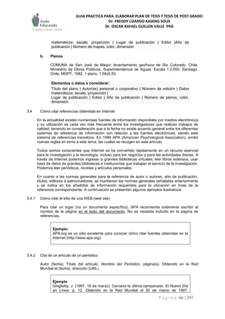 GUIA PRACTICA PARA ELABORAR PLAN DE TESIS Y TESIS DE POST GRADO
Dr. FREDDY LIZARDO KASENG SOLÍS
Dr. OSCAR RAFAEL GUILLEN VALLE PhD
P á g i n a 66 | 297
matemáticos: escala, proyección | Lugar de publicación | Editor |Año de
publicación | Número de mapas, color, dimensión
b. Planos
COMUNA de San José de Maipo: levantamiento geofísico de Rio Colorado. Chile,
Ministério de Obras Públicas, Superintendencia de Aguas. Escala 1:2.000. Santiago,
Chile, MOPT, 1982. 1 plano, 1,56x0,50.
Elementos o datos a considerar:
Título del plano | Autor(es) personal o corporativo | Número de edición | Datos
matemáticos: escala, proyección |
Lugar de publicación | Editor | Año de publicación | Número de planos, color,
dimensión
3.4 Cómo citar referencias obtenidas en Internet
En la actualidad existen numerosas fuentes de información disponibles por medios electrónicos
y su utilización es cada vez más frecuente entre los investigadores que realizan trabajos de
calidad; teniendo en consideración que a la fecha no existe acuerdo general entre los diferentes
sistemas de referencia de información con relación a las fuentes electrónicas, siendo este
sistema de referencias transitorio. En 1999 APA (American Psychological Association), emitió
nuevas reglas en torno a este tema, las cuales se recogen en este artículo.
Todos somos conscientes que Internet se ha convertido rápidamente en un recurso esencial
para la investigación y la tecnología, incluso para los negocios y para las actividades diarias. A
través de Internet podemos ingresar a grandes bibliotecas virtuales, leer libros extensos, usar
base de datos de grandes bibliotecas e instituciones que trabajan al servicio de la investigación.
Podemos leer periódicos, revistas y artículos personales.
En cuanto a las normas generales para la referencia de autor o autores, año de publicación,
títulos, editores o patrocinadores, se mantienen las normas generales señaladas anteriormente
y se indica en los añadidos de información requeridos para la ubicación en línea de la
referencia correspondiente. A continuación se presentan algunos ejemplos ilustrativos:
3.4.1 Cómo citar el sitio de una WEB (web site)
Para citar un lugar (no un documento específico), APA recomienda solamente escribir el
nombre de la página en el texto del documento. No se necesita incluirlo en la página de
referencias.
Ejemplo:
APA.org es un sitio excelente para conocer cómo citar fuentes obtenidas en la
Internet (http://www.apa.org).
3.4.2 Cita de un artículo de un periódico
Autor (fecha). Título del artículo. Nombre del Periódico. página(s). Obtenido en la Red
Mundial el (fecha): dirección (URL)
Ejemplo
Ghigliotty, J. (1997, 16 de marzo). Cercana la última campanada. El Nuevo Día
en Línea. p. 12. Obtenido en la Red Mundial el 20 de marzo de 1997:
 