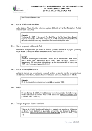 GUIA PRACTICA PARA ELABORAR PLAN DE TESIS Y TESIS DE POST GRADO
Dr. FREDDY LIZARDO KASENG SOLÍS
Dr. OSCAR RAFAEL GUILLEN VALLE PhD
P á g i n a 67 | 297
http://www.notiaccess.com
3.4.3 Cita de un artículo de una revista
Autor. (fecha). Título. Revista, volumen, páginas. Obtenido en la Red Mundial en (fecha):
dirección en la red (URL).
Ejemplo:
Yoskovitz, B. (1997, 14 de marzo). The Best Way to Surf the Web: Niche Search
Engines and Guides. NCT Web Magazine, 4, 15-18. Obtenido en la Red Mundial
el 20 de marzo de 1997: http://www.awa.com/nct/columns/niche.html
3.4.4 Cita de un anuncio público en la Red
Nombre de la organización que realiza el anuncio. (Fecha). Nombre de la página. [Anuncio].
Lugar: Autor. Obtenido en la Red Mundial el (fecha): dirección (URL)
Ejemplo
American Psychological Association. (1995, 15 de septiembre). APA public
policy action alert: Legislation would affect grant recipients. [Anuncio].
Washington, DC: John Doe. Obtenido en la Red Mundial el 20 de marzo de
1997: http://www.apa.org/ppo/istook.html
3.4.5 Cita de un mensaje electrónico
Así como citamos una comunicación personal, también se pueden citar las comunicaciones
electrónicas. Sin embargo, no se incluyen en la lista de referencia. Al citarlas en el texto.
Ejemplo
M. B. Rodríguez (comunicación personal, 22 de junio de 1999)
3.4.6 Libros
De Los Santos. C. (2001), Guía básica del paciente quemado. Santo Domingo:
Unidad Básica de Quemados Pearl f. Ort. Disponible: htt//www.quemados.com
[Consulta: 2001, Junio 21].
3.4.7 Trabajos de grado o ascenso y similares
Valiente, M. (2000). Modelo de Evaluación y previsión de sequías en el Noreste
de Brasil. Tesis doctoral no publicada. Universidad de Barcelona, España.
Disponible: htt//www.ub.es/medame/tesis.htm#CALDAS [Consulta: 2001, Junio
21].
 