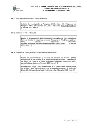 GUIA PRACTICA PARA ELABORAR PLAN DE TESIS Y TESIS DE POST GRADO
Dr. FREDDY LIZARDO KASENG SOLÍS
Dr. OSCAR RAFAEL GUILLEN VALLE PhD
P á g i n a 69 | 297
3.4.12 Documentos obtenidos vía correo electrónico
Instituto de Investigación y Postgrado (2003, Mayo 12), Programas de
Postgrado UNY. [Documentos en Línea]. Disponible: Inveuny@uny.edu.ve.
[Consulta: 2003, Junio 17].
3.4.13 Archivos de video y de audio
Blanco, D. (Entrevistador). (2000, Octubre 5). Primera Página: Entrevista a Luisa
Romero, Ministra de Industria y comercio. [Programa de TV], [Transcripción en
línea]. Caracas: Globovisión. Disponible:
htt//www.globovision.com/terra/programas/primera.pagina.shtml [Consulta:
2001, Junio 21].
3.4.14 Trabajos de investigación, documentos técnicos y similares
Centro de documentación y recursos de estudios de Género. (2001),
Participación de las mujeres en el desarrollo de la comunidad: La experiencia
del Barrio Las Flores en la ciudad de Rosario. Disponible: htt//www.unr.ar/cdr-
genero/trabajos_flores.htm [Consulta: 2001, Junio 21].
Rivera Pizarro, Jorge. (1997). Investigación de la Educación en algunos países
de América Latina. Centro Internacional de Investigaciones para el desarrollo.
Disponible: htt//www.idrc.ca/socdev/pub/pizarro. htm [Consulta: 2001, Junio 21].
 