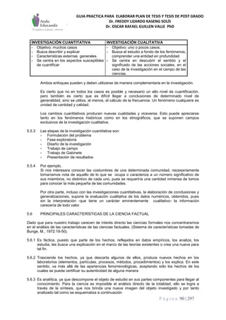 GUIA PRACTICA PARA ELABORAR PLAN DE TESIS Y TESIS DE POST GRADO
Dr. FREDDY LIZARDO KASENG SOLÍS
Dr. OSCAR RAFAEL GUILLEN VALLE PhD
P á g i n a 90 | 297
INVESTIGACIÓN CUANTITATIVA INVESTIGACIÓN CUALITATIVA
- Objetivo: muchos casos
- Busca describir y explicar
- Características externas generales.
- Se centra en los aspectos susceptibles
de cuantificar
- Objetivo: uno o pocos casos.
- Busca el estudio a fondo de los fenómenos,
comprender una entidad en profundidad
- Se centra en descubrir el sentido y el
significado de las acciones sociales, en el
caso de la investigación en el campo de las
ciencias.
Ambos enfoques pueden y deben utilizarse de manera complementaria en la investigación.
Es cierto que no en todos los casos es posible y necesario un alto nivel de cuantificación,
pero también es cierto que es difícil llegar a conclusiones de determinado nivel de
generalidad, sino se utiliza, al menos, el cálculo de la frecuencia. Un fenómeno cualquiera es
unidad de cantidad y calidad.
Los cambios cuantitativos producen nuevas cualidades y viceversa. Esto puede apreciarse
tanto en los fenómenos históricos como en los etnográficos, que se suponen campos
exclusivos de la investigación cualitativa.
5.5.3 Las etapas de la investigación cuantitativa son:
- Formulación del problema
- Fase exploratoria
- Diseño de la investigación
- Trabajo de campo
- Trabajo de Gabinete
- Presentación de resultados
5.5.4 Por ejemplo,
Si nos interesara conocer las costumbres de una determinada comunidad, necesariamente
tomaríamos nota de aquello de lo que se ocupa o caracteriza a un número significativo de
sus miembros, no distintivo de cada uno, pues se requeriría una cantidad inmensa de tomos
para conocer la más pequeña de las comunidades.
Por otra parte, incluso con las investigaciones cuantitativas, la elaboración de conclusiones y
generalizaciones, supone la evaluación cualitativa de los datos numéricos, obtenidos, pues
sin la interpretación -que tiene un carácter eminentemente cualitativo- la información
carecería de todo valor.
5.6 PRINCIPALES CARACTERÍSTICAS DE LA CIENCIA FACTUAL
Dado que para nuestro trabajo carecen de interés directo las ciencias formales nos concentraremos
en el análisis de las características de las ciencias factuales. (Sistema de características tomadas de
Bunge, M., 1972:19-50).
5.6.1 Es fáctica, puesto que parte de los hechos, reflejados en datos empíricos, los analiza, los
estudia, les busca una explicación en el marco de las teorías existentes o crea una nueva para
tal fin.
5.6.2 Trasciende los hechos, ya que descarta algunos de ellos, produce nuevos hechos en los
laboratorios (elementos, partículas, procesos, métodos, procedimientos) y los explica. En este
sentido, va más allá de las apariencias fenomenológicas, aceptando sólo los hechos de los
cuales se pueda certificar su autenticidad de alguna manera
5.6.3 Es analítica, ya que descompone el objeto de estudio en sus partes componentes para llegar al
conocimiento. Para la ciencia es imposible el análisis directo de la totalidad, ello se logra a
través de la síntesis, que nos brinda una nueva imagen del objeto investigado y por tanto
analizado tal como se esquematiza a continuación
 