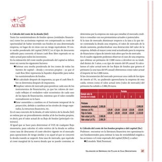 5. Cálculo del coste de la deuda (Kd)
Tanto los suministradores de fondos ajenos (entidades financie-
ras) como los accionistas esperan ver compensado su coste de
oportunidad de haber invertido sus fondos en una determinada
empresa, en lugar de en otras con un riesgo equivalente. El cos-
te medio ponderado del capital (WACC) es el tipo de descuento
utilizado para convertir el futuro cash flow libre esperado en su
valor actual para todos los inversores.
En la estimación del coste medio ponderado del capital se deben
tener en cuenta los siguientes factores:
Estimar una media ponderada de los costes de todas las
fuentes de capital – deuda y recursos propios – ya que el
cash flow libre representa la liquidez disponible para todos
los suministradores de fondos.
Ser calculado después de impuestos, ya que el cash flow li-
bre se determina después de impuestos.
Emplear valores de mercado para ponderar cada uno de los
instrumentos de financiación, ya que los valores de mer-
cado reflejan el verdadero valor económico de cada uno
de los tipos de financiación, mientras que el valor contable
normalmente no lo hace.
Estar sometidos a cambios en el horizonte temporal de la
proyección, debido a cambios en los niveles de riesgo espe-
rados, la estructura financiera, etc.
En el caso concreto de la deuda, el valor teórico de la deuda (Kd)
se estima por un procedimiento similar al de los fondos propios,
es decir, por el valor actual de su flujo de fondos (principal e in-
tereses).
Al igual que se hace para determinar el VAN de cualquier flujo
monetario, para calcular el valor teórico de la deuda se utiliza
como tasa de descuento el coste efectivo vigente en el mercado
para operaciones de riesgo similar y no aquel al que se concertó
la deuda cuando se negoció. Esta tasa de mercado, que equivale
al coste marginal de la nueva deuda que se puede contratar, se
determina por la empresa sin más que estudiar el mercado credi-
ticio o consultar con sus prestamistas actuales o potenciales.
Si la tasa de mercado disminuye respecto a la tasa a la que tie-
ne contratada la deuda una empresa, el valor de mercado de la
deuda aumenta, produciéndose una destrucción del valor de la
empresa, debido al mayor coste total actualizado para la empresa
de financiarse a tipos de interés más altos que los de mercado.
En el cuadro siguiente podemos observar el caso de una empresa
que obtiene un préstamo de 2.000 euros a devolver en su totali-
dad dentro de 5 años, a un tipo de interés del 6% anual. Si calcu-
lamos el valor actual neto de los flujos de fondos que genera el
préstamo (a una tasa del 6% anual) obtenemos como valor actual
el importe de los 2.000 euros.
Si las circunstancias del mercado provocan una caída de los tipos
de interés al 5%, no pudiendo aprovecharse la empresa de esta
caída, vemos como el valor actual neto (valor de mercado) del
préstamo ha subido a 2.086,59 euros.
6. Cálculo del coste de los fondos propios o del capital (Ke)
Podemos encontrar en la literatura financiera tres aproximacio-
nes fundamentales para estimar la tasa de rentabilidad exigida a
las acciones o el coste esperado del capital [E(Ke)]; a saber:
El modelo ‘Risk Premium’.
Préstamo
(movimientos principal) 2.000,00 -2.000,00
Intereses (al 6%) -120,00 -120,00 -120,00 -120,00 -120,00
Flujo de fondos -120,00 -120,00 -120,00 -120,00 -2.120,00
Valor actual (al 6%) 2.000,00
Valor actual (al 5%) 2.086,59
Períodos
Ejemplo valor de
mercado de la deuda 0 1 2 3 4 5
VALORACIÓN DE EMPRESAS POR FLUJOS DE CAJA DESCONTADOS 27
 