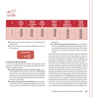 VALORACIÓN DE EMPRESAS POR FLUJOS DE CAJA DESCONTADOS 33
1 -0,100 -0,170 -0,400 -0,300 0,051 0,090
2 0,030 -0,040 -0,300 -0,200 0,008 0,040
3 0,200 0,130 0,100 0,200 0,026 0,040
4 0,150 0,080 0,200 0,300 0,024 0,090
0,109 0,260
Tasa de Desviación de Tasa de Desviación de Desviación de Desviación
Año Rentabilidad GeneralTool Rentabilidad S&P de la GeneralTool Cuadrática
de General de la Rentabilidad de la Cartera Rentabilidad Multiplicada por la de S&P (de la
Tool Promedio S&P Promedio Desviación de S&P Desviación)
Tomamos las sumas de las columnas 5 y 6, que ascienden a
0,109 y 0,260.
La beta es la suma de la columna 5 dividida entre la suma
de la columna 7.
La prima de riesgo del mercado
La prima de riesgo del mercado [market risk premium, equity
premium o risk premium] es un concepto que puede observarse
desde una triple perspectiva:
La prima de riesgo del mercado requerida o exigida, que es
la rentabilidad incremental de una cartera diversificada
[mercado] que un inversor demanda sobre la rentabilidad
ofrecida por un activo libre de riesgo [bonos del estado] (Rf)
y que es necesaria para la determinación de Ke, siendo un
concepto no observable.
La prima de riesgo del mercado histórica, que es el dife-
rencial histórico de la rentabilidad ofrecida por el merca-
do (Rm) sobre la rentabilidad ofrecida por los bonos del
estado (Rf).
La prima de riesgo del mercado esperada, que es el diferen-
cial de la rentabilidad esperada del mercado [E(Rm)] sobre
la rentabilidad actual de los bonos del estado (Rf), siendo,
por tanto, un concepto no observable al basarse en expec-
tativas.
La prima de riesgo del mercado requerida y esperada es diferente
para cada inversor, en función de sus expectativas; por lo que no
cabe hablar de una prima de riesgo del mercado requerida o es-
perada para el mercado en su conjunto; mientras que la prima de
riesgo del mercado histórica es igual para todos los inversores.
De acuerdo con el CAPM [que asume que la prima de riesgo del
mercado requerida y esperada son idénticas], se define la prima
de riesgo del mercado de acciones como la diferencia entre el
rendimiento esperado del mercado de acciones [E(Rm)] y el ren-
dimiento actual del mercado de renta fija sin riesgo [deuda públi-
ca] (Rf). Dicha prima de riesgo debe medir lo que los inversores,
de media, demandan como rentabilidad adicional por invertir en
una cartera de activos en relación con los activos libres de riesgo.
Existen diversas aproximaciones o métodos propuestos para de-
terminar la prima de riesgo del mercado. Tales aproximaciones
son cuatro: a través de la extrapolación de los resultados históri-
cos, mediante la utilización de modelos teóricos, mediante esti-
Beta de GeneralTool
0.149= 0.109
0.260
 