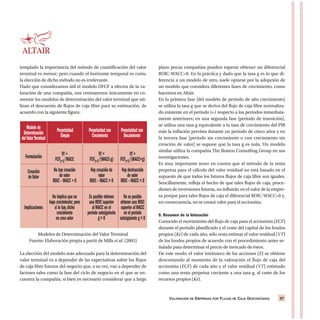 VALORACIÓN DE EMPRESAS POR FLUJOS DE CAJA DESCONTADOS 37
templado la importancia del método de cuantificación del valor
terminal es menor; pero cuando el horizonte temporal es corto,
la elección de dicho método no es irrelevante.
Dado que consideramos útil el modelo DFCF a efectos de la va-
loración de una compañía, nos centraremos únicamente en co-
mentar los modelos de determinación del valor terminal que uti-
lizan el descuento de flujos de caja libre para su estimación, de
acuerdo con la siguiente figura:
La elección del modelo más adecuado para la determinación del
valor terminal va a depender de las expectativas sobre los flujos
de caja libre futuros del negocio que, a su vez, van a depender de
factores tales como la fase del ciclo de negocio en el que se en-
cuentra la compañía; si bien es necesario considerar que a largo
plazo pocas compañías pueden esperar obtener un diferencial
ROIC-WACC>0. En la práctica y dado que la tasa g es lo que di-
ferencia a un modelo de otro, suele optarse por la adopción de
un modelo que considera diferentes fases de crecimiento, como
hacemos en Altair.
En la primera fase [del modelo de período de alto crecimiento]
se utiliza la tasa g que se deriva del flujo de caja libre normaliza-
do existente en el período t+1 respecto a los períodos inmediata-
mente anteriores; en una segunda fase [período de transición],
se utiliza una tasa g equivalente a la tasa de crecimiento del PIB
más la inflación prevista durante un período de cinco años y en
la tercera fase [período sin crecimiento o con crecimiento sin
creación de valor] se supone que la tasa g es nula. Un modelo
similar utiliza la compañía The Boston Consulting Group en sus
investigaciones.
Es muy importante tener en cuenta que el método de la renta
perpetua para el cálculo del valor residual no está basado en el
supuesto de que todos los futuros flujos de caja libre son iguales.
Sencillamente, refleja el hecho de que tales flujos de caja, proce-
dentes de inversiones futuras, no influirán en el valor de la empre-
sa porque para tales flujos de caja el diferencial ROIC-WACC=0 y,
en consecuencia, no se creará valor para el accionista.
9. Resumen de la Valoración
Conocido el movimiento del flujo de caja para el accionista (ECF)
durante el período planificado y el coste del capital de los fondos
propios (Ke) de cada año, sólo resta estimar el valor residual (VT)
de los fondos propios de acuerdo con el procedimiento antes se-
ñalado para determinar el precio de mercado de éstos.
De este modo, el valor intrínseco de las acciones (E) se obtiene
descontando al momento de la valoración el flujo de caja del
accionista (ECF) de cada año y el valor residual (VT) estimado
como una renta perpetua creciente a una tasa g, al coste de los
recursos propios (Ke).
Modelo de Perpetuidad Perpetuidad con Perpetuidad conDeterminación Simple Crecimiento DecaimientodelValorTerminal
Formulación VT = VT = VT =
FCFt+1/WACC FCFt+1/(WACC-g) FCFt+1/(WACC+g)
Creación No hay creación Hay creación de Hay destrucción
deValor de valor valor de valor
ROIC –WACC = 0 ROIC –WACC > 0 ROIC –WACC < 0
No implica que no Es posible obtener No es posible
haya crecimiento; pero una ROIC superior obtener una ROIC
Implicaciones si lo hay,dicho alWACC en el superior alWACC
crecimiento período subsiguiente en el período
no crea valor g > 0 subsiguiente g < 0
Modelos de Determinación del Valor Terminal
Fuente: Elaboración propia a partir de Mills et al. (2003)
 