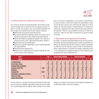 VALORACIÓN DE EMPRESAS POR FLUJOS DE CAJA DESCONTADOS40 VALORACIÓN DE EMPRESAS POR FLUJOS DE CAJA DESCONTADOS40
Un Caso Práctico de Valoración de Empresas
Con el fin de mostrar las particularidades del método de des-
cuento de flujos para la valoración de una empresa, vamos a se-
guir un sencillo caso práctico, que nos permitirá identificar las
fases a seguir en la valoración técnica de cualquier empresa:
Elaboración de las proyecciones financieras.
Elección del método de valoración técnica (en nuestro caso, el
método de valoración en base a flujos de caja descontados).
Cálculo de los flujos de caja (flujo de caja libre –FCF-, flujo de ca-
ja para las acciones –ECF- y flujo de caja de la deuda –DebtCF-).
Cálculo del coste de la deuda (Kd).
Cálculo del coste del capital (Ke) y coste medio ponderado
del capital (WACC).
Cálculo del valor residual (VT).
Resumen de la valoración de la empresa (cálculo del valor
de las acciones y de la empresa).
Una vez hayamos completado el caso práctico, analizaremos
de forma sucinta, a través del análisis de sensibilidad, cuáles
son los factores críticos en la valoración de negocios en base
a flujos de caja descontados e introduciremos el concepto de
inductores o impulsores de valor (value drivers), que represen-
tan aquellos “factores” que posibilitan aumentar el valor de la
empresa y sobre los que debe concentrarse la gestión basada
en el valor.
1. Elaboración de Proyecciones Financieras
El cuadro 1 recoge las principales hipótesis que nos han permiti-
do realizar la proyección financiera de la cuenta de resultados y el
balance de situación previsto de la empresa a valorar, expresados
en miles de euros de cada año. Incluye el año 0, como datos his-
tóricos representativos, el período de ventaja competitiva (años
1 a 5), el período de convergencia (años 6 a 10) y el período para
las hipótesis del valor residual (año 11).
En los cuadros 2 y 3 se observa la proyección financiera efectuada
para la cuenta de resultados expresada en miles de euros (cuadro
2) y en porcentaje sobre la cifra de ventas (cuadro 3), con el fin
observar la evolución de la estructura de márgenes (margen bru-
to, EBIT, BAI y BDI) y costes de la empresa.
% CrecimientoVentas 9% 9% 8% 7% 6% 6% 0% 0% 0% 0% 0%
Coste deVentas s/Ventas 70% 70% 70% 70% 70% 70% 70% 70% 71% 71% 71%
Crecimiento Gastos de Explotación 5% 5% 5% 5% 5% 5% 0% 0% 0% 0% 0%
Inversiones enActivos Fijos CapEx 100 110 121 133 146 161 200 220 242 266 293
Amortización 10% 10% 10% 10% 10% 10% 10% 10% 10% 10% 10%
Crecimiento NOF %ΔNOF 9% 9% 8% 7% 6% 6% 0% 0% 0% 0% 0%
Contrataciones (+)/Devolución de la Deuda (-) -80 -10 -10 -10 -10 -10 -10 -10 -10 -10 -10
Intereses de la Deuda Kd 5% 5% 5% 5% 5% 5% 5% 5% 5% 5% 5%
Impuesto sobre Sociedades T 35% 35% 35% 35% 35% 35% 35% 35% 35% 35% 35%
Cuadro 1 Hist. Período deVentaja Competitiva Período de Convergencia
Hipótesis 0 1 2 3 4 5 6 7 8 9 10
 