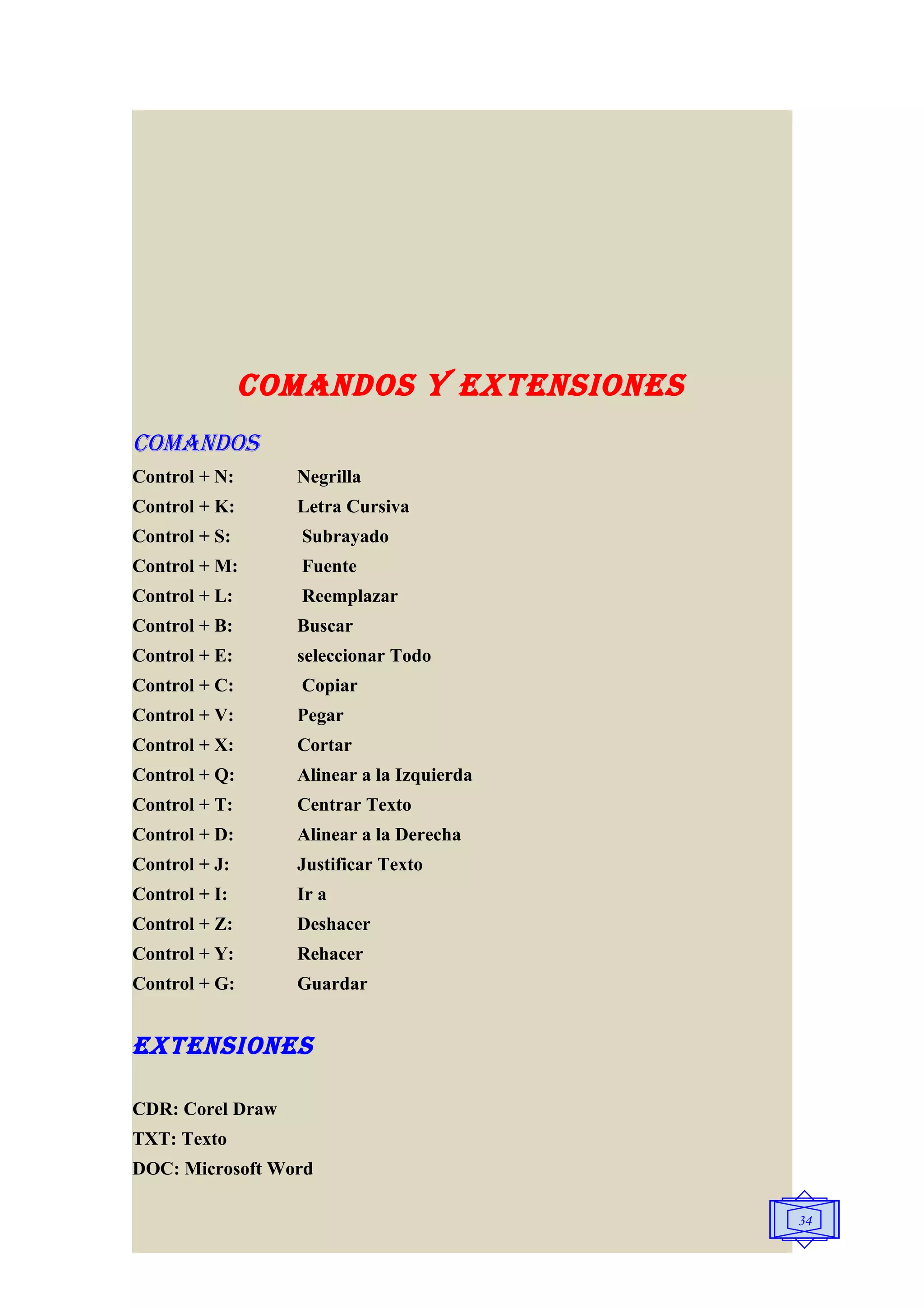 COMANDOS y ExTENSIONES
COMANDOS
Control + N:      Negrilla
Control + K:      Letra Cursiva
Control + S:      Subrayado
Control + M:      Fuente
Control + L:      Reemplazar
Control + B:      Buscar
Control + E:      seleccionar Todo
Control + C:      Copiar
Control + V:      Pegar
Control + X:      Cortar
Control + Q:      Alinear a la Izquierda
Control + T:      Centrar Texto
Control + D:      Alinear a la Derecha
Control + J:      Justificar Texto
Control + I:      Ir a
Control + Z:      Deshacer
Control + Y:      Rehacer
Control + G:      Guardar


ExTENSIONES

CDR: Corel Draw
TXT: Texto
DOC: Microsoft Word

                                           34
 