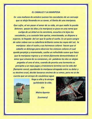 EL CABALLO Y LA MARIPOSA
En una mañana de octubre suenan los cascabeles de un carruaje
que se aleja llevando en su sonar, el llanto de una mariposa.
Que sufre, al ver pasar el amor de su vida, sin que nadie lo pueda
detener; pasan los días y la mariposa se posa en una rama que
cuelga de un árbol en la carretera, escucha a lo lejos los
cascabeles, y su corazón late aprisa, emocionada, se dispone a
esperar, la llegada del ser que le quita el sueño. Es un pura sangre
de color caboa con su cabellera brillante como los rayos del sol, la
mariposa alza el vuelo y sus hermosos colores hacen que el
caballo se detenga para observar los vistosos colores el cual
queda perplejo y enamorado, suelta un relinchido suave que hace
que la mariposa regrese y se miren fijamente demostrándose el
amor que emana de su corazones, sin palabras los dos se alejan
pegados el uno al otro, cuando de pronto una tormenta se
precipita y un rayo jugas y traicionero termina con la vida del
flamante corcel, quedando la mariposa atrapada entre su dolor y
su destino cruel, decide lanzarse encima de su amor, pero no se da
cuenta que un arroyo de caudalosa agua
llega a ella y la atrapa
quitándole la vida.
Fin
Maira Aponte
(Luzmary)
 