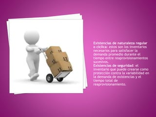 Existencias de naturaleza regular
o cíclica: estos son los inventarios
necesarios para satisfacer la
demanda promedio durante el
tiempo entre reaprovisionamientos
sucesivos.
Existencias de seguridad: el
inventario que puede crearse como
protección contra la variabilidad en
la demanda de existencias y el
tiempo total de
reaprovisionamiento.
 