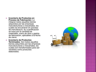  Inventario de Productos en
Proceso de Fabricación: Lo
integran todos aquellos bienes
adquiridos por las empresas
manufactureras o industriales, los
cuales se encuentran en proceso
de manufactura. Su cuantificación
se hace por la cantidad de
materiales, mano de obra y gastos
de fabricación, aplicables a la fecha
de cierre.
 Inventario de Productos
Terminados: Son todos aquellos
bienes adquiridos por las empresas
manufactureras o industriales, los
cuales son transformados para ser
vendidos como productos
elaborados.
 