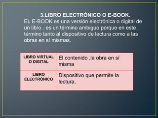 3.LIBRO ELECTRÓNICO O E-BOOK.
EL E-BOOK es una versión electrónica o digital de
un libro . es un término ambiguo porque en este
término tanto al dispositivo de lectura como a las
obras en sí mismas.
LIBRO VIRTUAL
O DIGITAL
El contenido ,la obra en sí
misma
LIBRO
ELECTRÓNICO
Dispositivo que permite la
lectura.
 