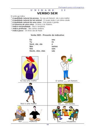 Português para estrangeiros
19
U N I D A D E IU N I D A D E IU N I D A D E IU N I D A D E IU N I D A D E I IIIII
O verbo ser indica:
* A qualidade natural da pessoa - Eu sou um homem; ela é uma mulher.
* A qualidade natural de um animal - O cavalo árabe é um ótimo cavalo.
* A qualidade natural de uma coisa - Esta janela é grande.
* A natureza de uma coisa - A mesa é de madeira.
* Indica nacionalidade - Você é brasileiro.
* Indica profissão - Nós somos médicos.
* Indica posse - Os livros são de Paulo.
O senhor ___ um homem.Eu sou uma mulher.
Você é uma mulher. Ele ___ um menino.
Nós ______ mulheres. Eles _____ estudantes.
VERBO SER
Verbo SER - Presente do indicativo
Eu sou
Tu és
Você, ele, ela é
Nós somos
Vós sois
Vocês, eles, elas são
 