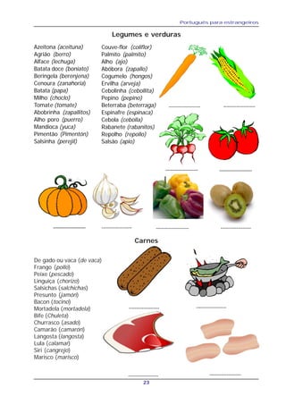 Português para estrangeiros
23
Azeitona (aceituna)
Agrião (berro)
Alface (lechuga)
Batata doce (boniato)
Beringela (berenjena)
Cenoura (zanahoria)
Batata (papa)
Milho (choclo)
Tomate (tomate)
Abobrinha (zapallitos)
Alho poro (puerro)
Mandioca (yuca)
Pimentão (Pimentón)
Salsinha (perejil)
Couve-flor (coliflor)
Palmito (palmito)
Alho (ajo)
Abóbora (zapallo)
Cogumelo (hongos)
Ervilha (arveja)
Cebolinha (cebollita)
Pepino (pepino)
Beterraba (beterraga)
Espinafre (espinaca)
Cebola (cebolla)
Rabanete (rabanitos)
Repolho (repollo)
Salsão (apio)
Legumes e verduras
............................................
.....................
......................... ..........................
........................... ....................... .....................
Carnes
De gado ou vaca (de vaca)
Frango (pollo)
Peixe (pescado)
Linguiça (chorizo)
Salsichas (salchichas)
Presunto (jamón)
Bacon (tocino)
Mortadela (mortadela)
Bife (Chuleta)
Churrasco (asado)
Camarão (camarón)
Langosta (langosta)
Lula (calamar)
Siri (cangrejo)
Marisco (marisco)
..................... .....................
..................... ......................
 