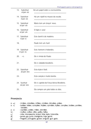 Português para estrangeiros
37
13. Substituir Há um papel sobre a escrivaninha.
el por eis _______________________________
14. Substituir Há um réptil no museo da escola.
il por eis _______________________________
15. Substituir Maria tem um lençol novo.
ol por ois _______________________________
16. Substituir O lápis é azul.
ul por uis _______________________________
17. Substituir Este barril é de madeira.
il por is _______________________________
18. Paulo tem um fuzil.
_______________________________
19. Substituir Este homem é holandês.
m por ns _______________________________
20. +s Ele é irmão de Paulo.
_______________________________
21. Ele é cidadão brasileiro.
_______________________________
22. Substituir Esta lição é fácil.
ão por ões _______________________________
23. Esta canção é muito bonita.
_______________________________
24. Sustituir Ele é capitão da Força Aérea Brasileira.
ão por ães _______________________________
25. Ela compra um pão todos os dias.
_______________________________
Pronúncia
ã ~uã ~uã ~uã ~uã ~u] - irmãos, cidadãos, órfãos, cristãos, bênçãos, grãos.
õ ~iõ ~iõ ~iõ ~iõ ~i] - balões, leões, corações, feijões, opiniões, lições, canções, botões, portões,
balcões.
ã ~iã ~iã ~iã ~iã ~i] - capitães, peães, mães, alemães.
λλλλλ ] - mulher, colher, olho, galho, falha.
sssss ] - mês, interessante, lençol, feliz, lição, holandês.
33333] - janela, giz, junto, inteligente, hoje, gentil.
ggggg] - freguês, português, gostar, singular, guri, gato.
 