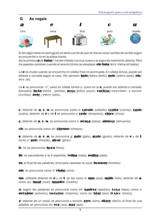 Português para estrangeiros
5
G. As vogais
a e i o ua e i o ua e i o ua e i o ua e i o u
Si lee algún texto en portugués se dará cuenta de que la misma vocal cambia de sonido según
se encuentre o no en la sílaba fuerte.
Así la primera aaaaa de falarfalarfalarfalarfalar/falár (hablar) es muy suave y la segunda realmente abierta. Pero
los papeles cambian cuando el acento tónico se desplaza: ele falaele falaele falaele falaele fala/éli fála (él habla).
La eeeee es muda cuando se encuentra en sílaba final no acentuada. En sílaba tónica, puede ser
abierta o cerrada según el caso. Por ejemplo: bebebebebelololololo/bélu (bello), pepepepepelololololo /pélu (pelo), eleleleleleeeee/
éli (él).
La ooooo se pronuncia “u”, salvo en sílaba tónica o, como en la eeeee, puede ser abierta o cerrada.
Ejemplos: bobobobobolalalalala/bóla (pelota), poçopoçopoçopoçopoço/pôçu (pozo), cucucucucuriosoriosoriosoriosorioso/curiósu - s sonora-
(curioso), pepepepepelololololo /pélu (pelo).
ccccc: delante de aaaaa, ooooo, uuuuu se pronuncia como k: cacacacacavvvvvaloaloaloaloalo (caballo), conconconconcontttttaaaaa (cuenta), cuscuscuscuscustttttooooo
(costo); delante de eeeee y de iiiii se pronuncia s: cececececedododododo (temprano), cincincincincincococococo (cinco).
ççççç: delante de aaaaa, ooooo, uuuuu, se pronuncia como s: praprapraprapraçaçaçaçaça (plaza), almoalmoalmoalmoalmoçoçoçoçoço (almuerzo).
chchchchch: se pronuncia como sh: chechechechechequequequequeque (cheque).
ggggg: delante de aaaaa, ooooo, uuuuu, se pronuncia g: gagagagagatototototo (gato), gosgosgosgosgostototototo (gusto); delante de eeeee y de iiiii,
como y: gegegegegelololololo (helado), gigigigigirarrarrarrarrar (girar).
hhhhh: no se pronuncia: hohohohohorarararara (hora).
lhlhlhlhlh: es equivalente a la ll española: vvvvveeeeelhalhalhalhalha (vieja), papapapapalhalhalhalhalha (paja).
mmmmm: al final de las palabras, sirve para nasalizar la vocal: homemhomemhomemhomemhomem (hombre).
nhnhnhnhnh: se pronuncia como ñ: vivivivivinhonhonhonhonho (vino).
quququququ: utilizado delante de eeeee y de iiiii, se lee como k: quequequequeque (que), quiquiquiquiquilololololo (kilo); delante de aaaaa,
como qu: qqqqqualualualualual (cual), qqqqquauauauauadrdrdrdrdrooooo (cuadro).
xxxxx: según las palabras se pronuncia como sh: xxxxxaaaaadrdrdrdrdrezezezezez (ajedrez), taxa (tasa); como s:
prprprprpróóóóóxixixixiximomomomomo (próximo), máximo (máximo); como ks: tttttáááááxixixixixi (taxi), tóxico (tóxico).
zzzzz: delante de un vocal, se pronuncia s sonora: zezezezezerrrrrooooo (cero), dididididizerzerzerzerzer (decir); al final de una
palabra se pronuncia sh: vvvvvozozozozoz (voz), pazpazpazpazpaz (paz).
casa mesa livro pato mundo
 