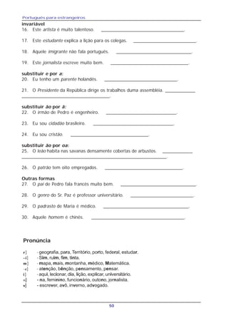 Português para estrangeiros
50
invariável
16. Este artista é muito talentoso. _________________________________.
17. Este estudante explica a lição para os colegas. _________________________.
18. Aquele imigrante não fala português. ______________________________.
19. Este jornalista escreve muito bem. _______________________________.
substituir e por a:
20. Eu tenho um parente holandês. _____________________________.
21. O Presidente da República dirige os trabalhos duma assembléia. ____________
__________________________________.
substituir ão por ã:
22. O irmão de Pedro é engenheiro. ____________________________.
23. Eu sou cidadão brasileiro. ________________________________.
24. Eu sou cristão. _______________________________.
substituir ão por oa:
25. O leão habita nas savanas densamente cobertas de arbustos. ____________
________________________________________________________.
26. O patrão tem oito empregados. _______________________________.
Outras formas
27. O pai de Pedro fala francês muito bem. ______________________________.
28. O genro do Sr. Paz é professor universitário. _________________________.
29. O padrasto de Maria é médico. __________________________________.
30. Aquele homem é chinês. _____________________________________.
Pronúncia
rrrrr] - geografia, para, Território, porto, federal, estudar.
~i~i~i~i~i] - Sim, ruim, fim, tinta.
mmmmm] - mapa, mais, montanha, médico, Matemática.
~e] - atenção, bênção, pensamento, pensar.
iiiii] - aqui, lecionar, dia, lição, explicar, universitário.
n] - na, feminino, funcionário, outono, jornalista.
vvvvv] - escrever, avô, inverno, advogado.
 