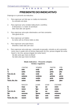 Português para estrangeiros
64
U N I D A D EU N I D A D EU N I D A D EU N I D A D EU N I D A D E V IV IV IV IV I
PRESENTEDOINDICATIVO
Emprega-se o presente do indicativo:
1. Para expressar um fato que se realiza no momento:
Eu entendo esta lição.
2. Para expressar uma verdade indiscutível e científica:
O Amazonas é o maior rio do Brasil.
Dois mais dois são quatro.
3. Para expressar uma ação relacionada a um fato constante:
Vera gosta de ler.
4. Para expressar um hábito:
Eu tomo café às 8 horas todos os dias.
5. Para expressar uma ação futura:
Amanhã à noite falo com você.
6. Para expressar uma ação que, começado no passado, estende-se até o presente;
neste caso é usado com as formas impessoais há (3ra. pessoa singular do verbo
haver) e faz (3ra. pessoa singular do verbo fazer).
Há dois anos que moro no Brasil.
Faz dois anos que moro no Brasil.
Modo indicativo - Presente simples
Verbos regulares
CANTAR VENDER PARTIR PÔR
Eu canto vendo parto ponho
Tu cantas vendes partes pões
Você, ele, ela canta vende parte põe
Nós cantamos vendemos partimos pomos
Vós cantais vendeis partis pondes
Vocês,eles,elas cantam vendem partem põem
NASCER LIGAR USAR ENSINAR
Eu nasço ligo uso ensino
Tu nasces ligas usas ensinas
Você, ele, ela nasce liga usa ensina
Nós nascemos ligamos usamos ensinamos
Vós nasceis ligais usais ensinais
Vocês,eles,elas nascem ligam usam ensinam
 