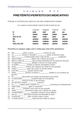 Português para estrangeiros
80
U N I D A D EU N I D A D EU N I D A D EU N I D A D EU N I D A D E V I IV I IV I IV I IV I I
PRETÉRITOPERFEITODOINDICATIVO
Emprega-se o pretérito para expressar uma ação completamente acabada.
Eu estudei na Universidade Federal do Rio Grande do Sul.
CANTAR VENDER PARTIR PÔR
Eu cantei vendi parti pus
Tu cantaste vendeste partiste puseste
Você, ele, ela cantou vendeu partiu pôs
Nós cantamos vendemos partimos pusemos
Vós cantastes vendestes partistes pusestes
Vocês,eles,elas cantaram venderam partiram puseram
Preencha os espaços vagos com o verbo que está entre parênteses.
01. Nós ________ (abrir) a porta __________ (entrar) na sala.
02. Eu ________ (tomar) o elevador e _________ (subir) ao décimo andar.
03. Você _________ (compreender) bem o que ele lhe _________ (explicar)?
04. Ontem Paulo __________ (falar) com o diretor da escola.
05. Maria e Celina já ________ (ler) A Cultura Brasileira de Fernando de Azevedo.
06. O engenheiro __________ (dividir) o terreno em duas partes.
07. O médico ________ (tratar) os clientes estrangeiros ontem.
08. Paulo __________ (tratar) dos negócios da escola no ano passado.
09. Leonor __________ (pôr) uma carta no Correio ontem.
10. Este livro _________ (custar) oitenta reais.
11. Pedro _________ (entrar) no banco e _________ (dirigir)-se ao escritório do
gerente.
12. Eu ________ (descontar) um cheque de oitocentos reais ontem.
13. O comerciante _________ (vender) todas as mercadorias.
14. Eu ________ (nascer) no dia 15 de fevereiro.
15. Em que dia o senhor __________ (nascer)?
16. Eu ______ (olhar) para o menino e o ___________ (reconhecer) imediatamente.
17. Onde vocês ________ (pôr) os cadernos?
18. Nós ________ (comprar) uma casa no ano passado.
19. Paulo _________ (conversar) muito com o diretor da escola.
20. O industrialista ________ (mandar) construir novos edifícios.
21. Eles já _______ (ler) Dom Casmurro de Machado de Assis.
22. O professor _______ (pôr) os livros sobre a mesa.
23. O conferencista _________ (falar) perante todos os alunos.
 