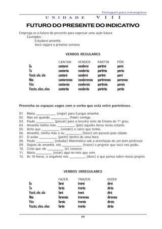 Português para estrangeiros
89
Emprega-se o futuro do presente para expresar uma ação futura.
Exemplos:
Estudarei amanhã.
Você viajará a próxima semana.
U N I D A D EU N I D A D EU N I D A D EU N I D A D EU N I D A D E V I I IV I I IV I I IV I I IV I I I
FUTURO DO PRESENTE DO INDICATIVO
VERBOS REGULARES
CANTAR VENDER PARTIR PÔR
Eu cantarei venderei partirei porei
Tu cantarás venderás partirás porás
Você, ele, ela cantará venderá partirá porá
Nós cantaremos venderemos partiremos poremos
Vós cantareis vendereis partireis poreis
Vocês,eles,elas cantarão venderão partirão porão
Preencha os espaços vagos com o verbo que está entre parênteses.
01. Maria ___________ (viajar) para Europa amanhã.
02. Não sei quando __________ (falar) contigo.
03. Paulo __________ (passar) para a terceira série do Ensino de 1º grau.
04. Amanhã minha mãe __________ (pôr) aqueles livros nesta estante.
05. Acho que __________ (vender) o carro que tenho.
06. Amanhã, minha mãe e eu _________ (fazer) um passeio pela cidade.
07. O avião __________ (partir) dentro de uma hora.
08. Paulo __________ (estudar) Matemática sob a orientação de um bom professor.
09. Depois de amanhã, nós ___________ (trazer) o projetor que você nos pediu.
10. Creio que ele _________ (ir) conosco.
11. Maria _________ (estar) aqui no mês que vem.
12. Às 10 horas, o arquiteto nos _________ (dizer) o que pensa sobre nosso projeto.
VERBOS IRREGULARES
FAZER TRAZER DIZER
Eu farei trarei direi
Tu farás trarás dirás
Você,ele,ela fará trará dirá
Nós faremos traremos diremos
Vós fareis trareis direis
Vocês,eles,elas farão trarão dirão
 